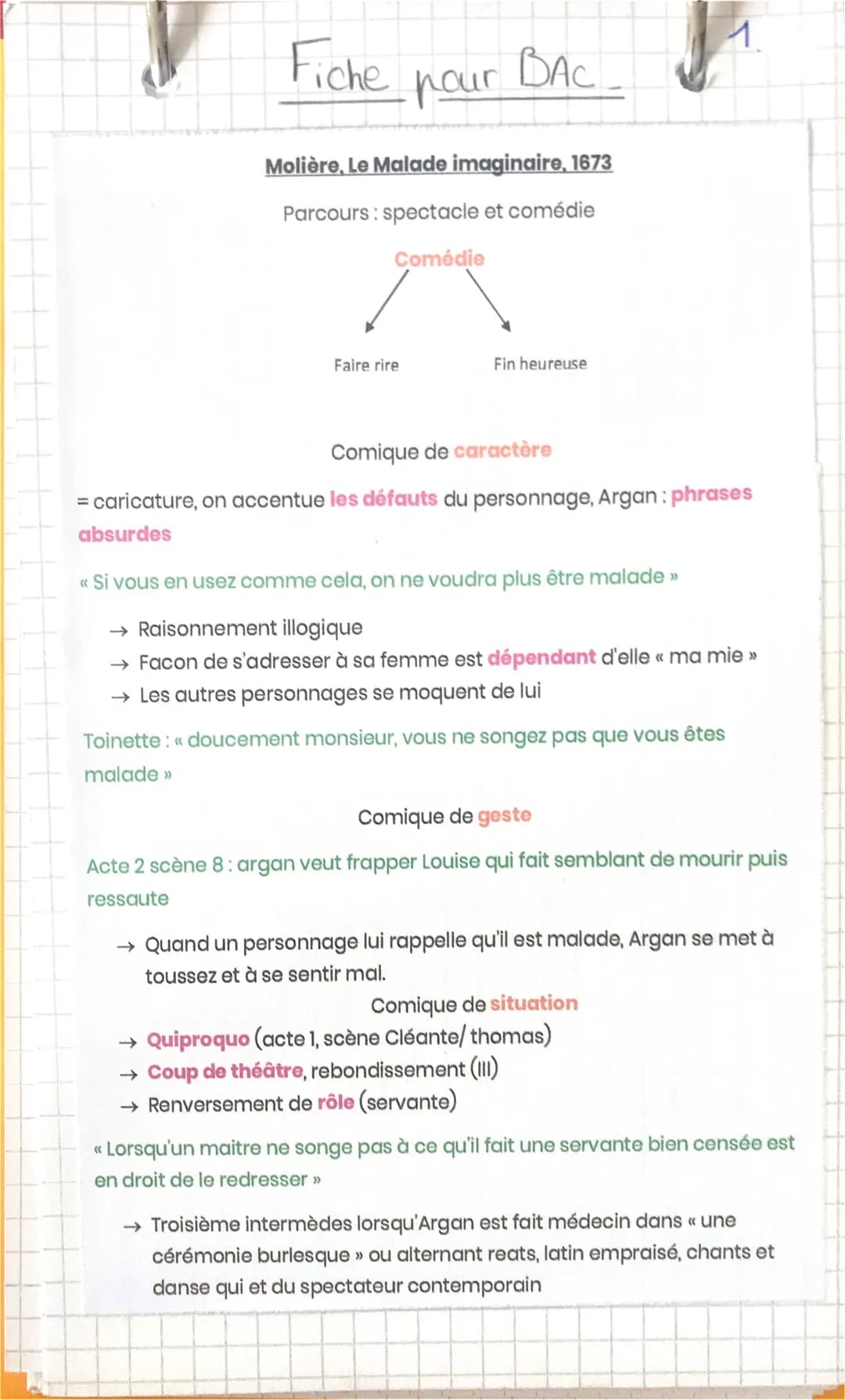 Fiche pour BAC-
Molière, Le Malade imaginaire, 1673
Parcours: spectacle et comédie
Comédie
Faire rire
Fin heureuse
Comique de caractère
= ca