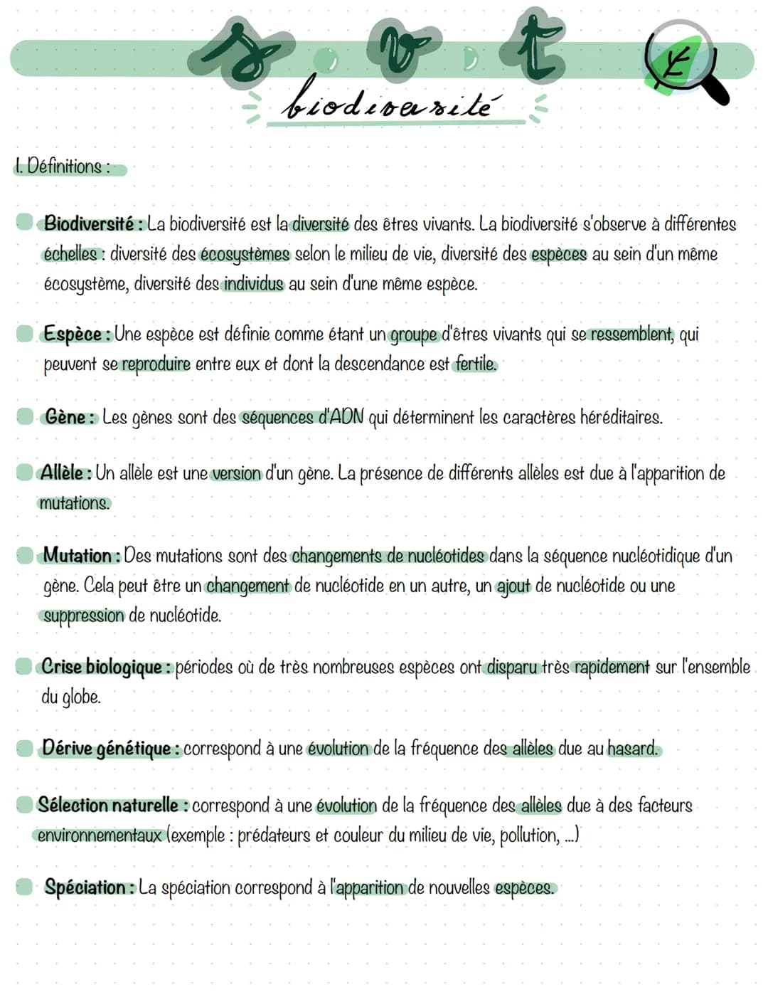 1. Définitions :
biodivarité
t
Biodiversité : La biodiversité est la diversité des êtres vivants. La biodiversité s'observe à différentes
éc