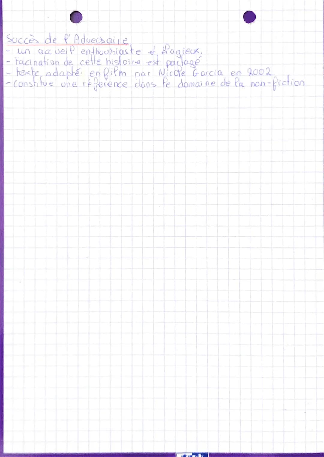 Succès de l'Adversaire.
- un accueip enthousiaste et sPogieux.
- Facination de cette histoire est partagé
texte adapté en film par Nicole Ga
