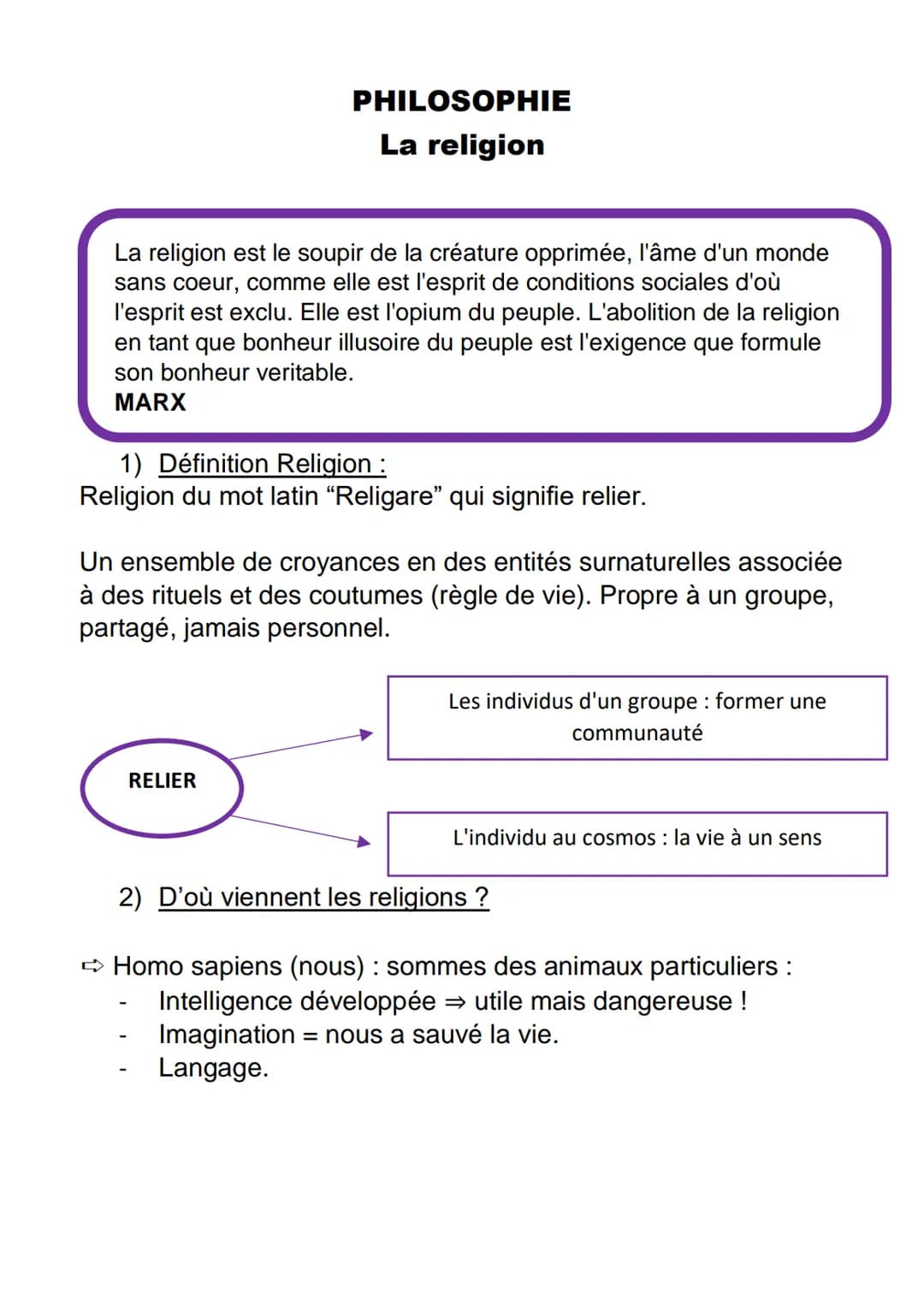 PHILOSOPHIE
La religion
La religion est le soupir de la créature opprimée, l'âme d'un monde
sans coeur, comme elle est l'esprit de condition