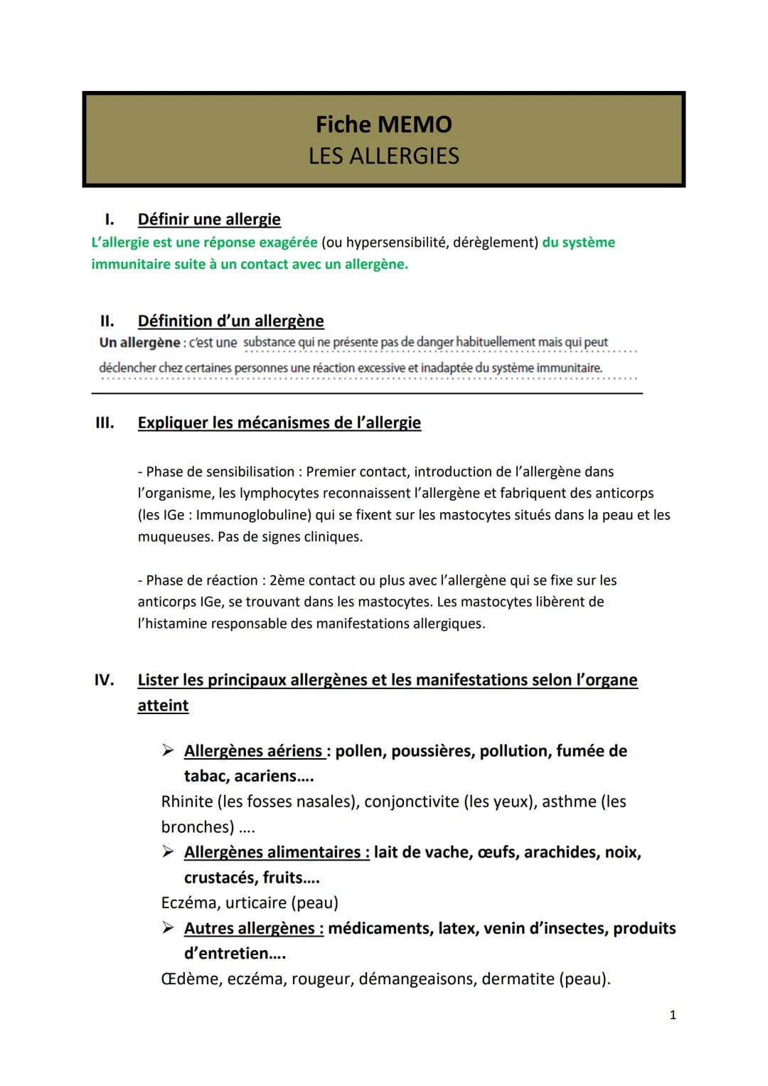 I. Définir une allergie
L'allergie est une réponse exagérée (ou hypersensibilité, dérèglement) du système
immunitaire suite à un contact ave