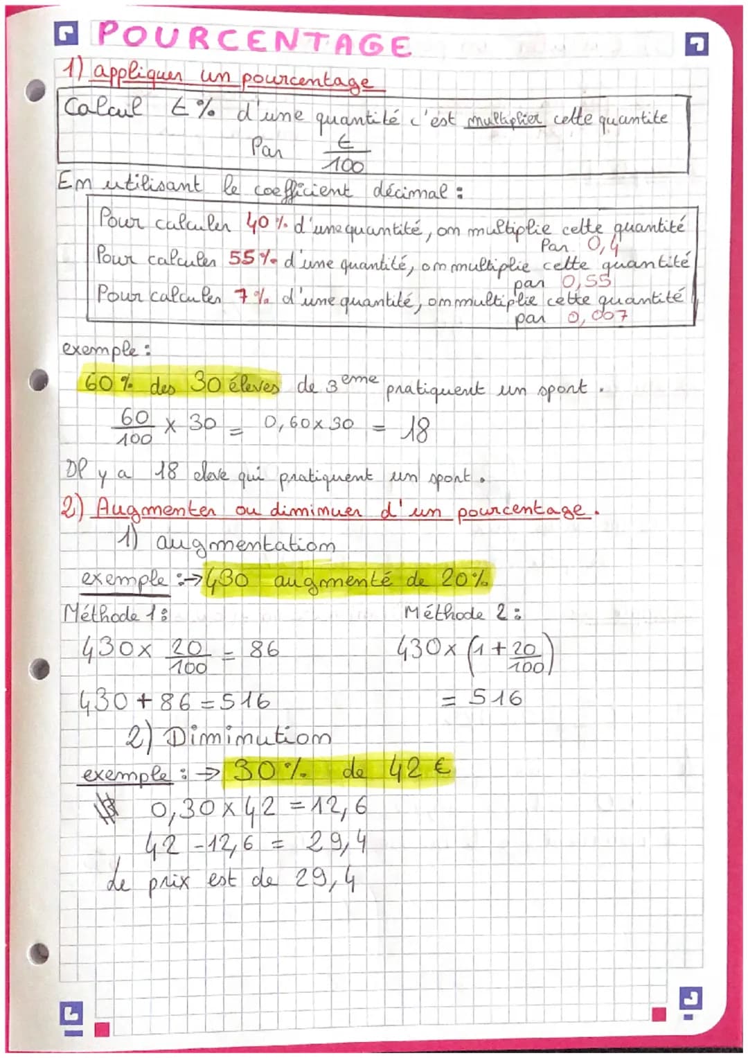 ●
□ POURCENTAGE
1) appliquer un pourcentage
Calcul £% d'une quantité c'est multiplier cette quantite
E
Par
100
Em utilisant le coefficient d