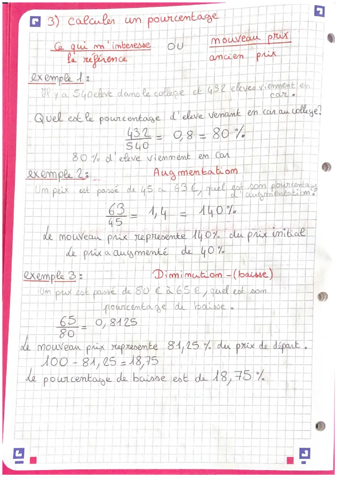 ●
□ POURCENTAGE
1) appliquer un pourcentage
Calcul £% d'une quantité c'est multiplier cette quantite
E
Par
100
Em utilisant le coefficient d