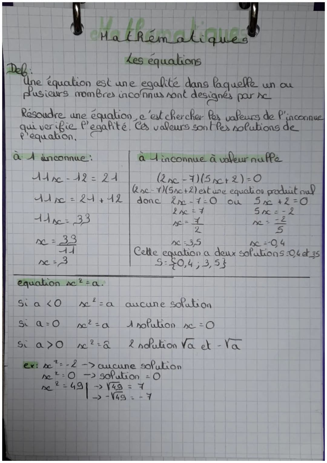 Mathématiques
Les équations
un ou
Une équation est une egalité dans laquelle
plusieurs nombres inconnus sont designés par se
Résoudre une éq