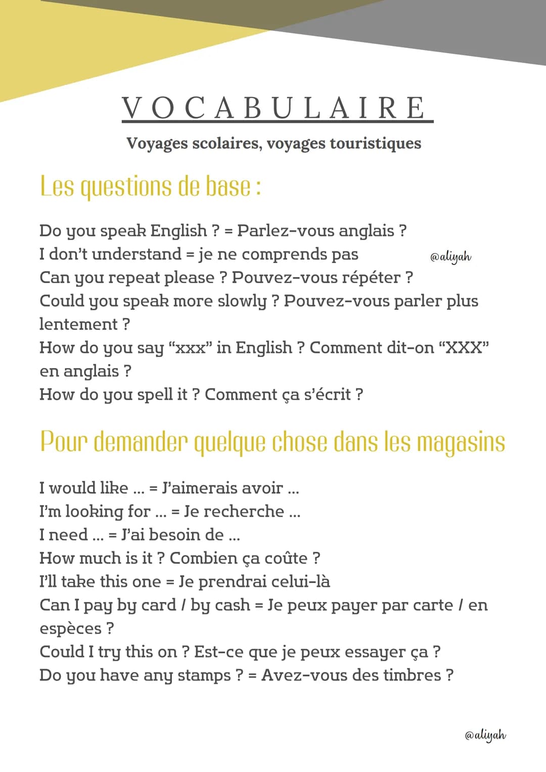 VOCABULAIRE
Voyages scolaires, voyages touristiques
Préparer son voyage:
abroad
a journey
a package holiday
paid vacation
a travel agent
a t