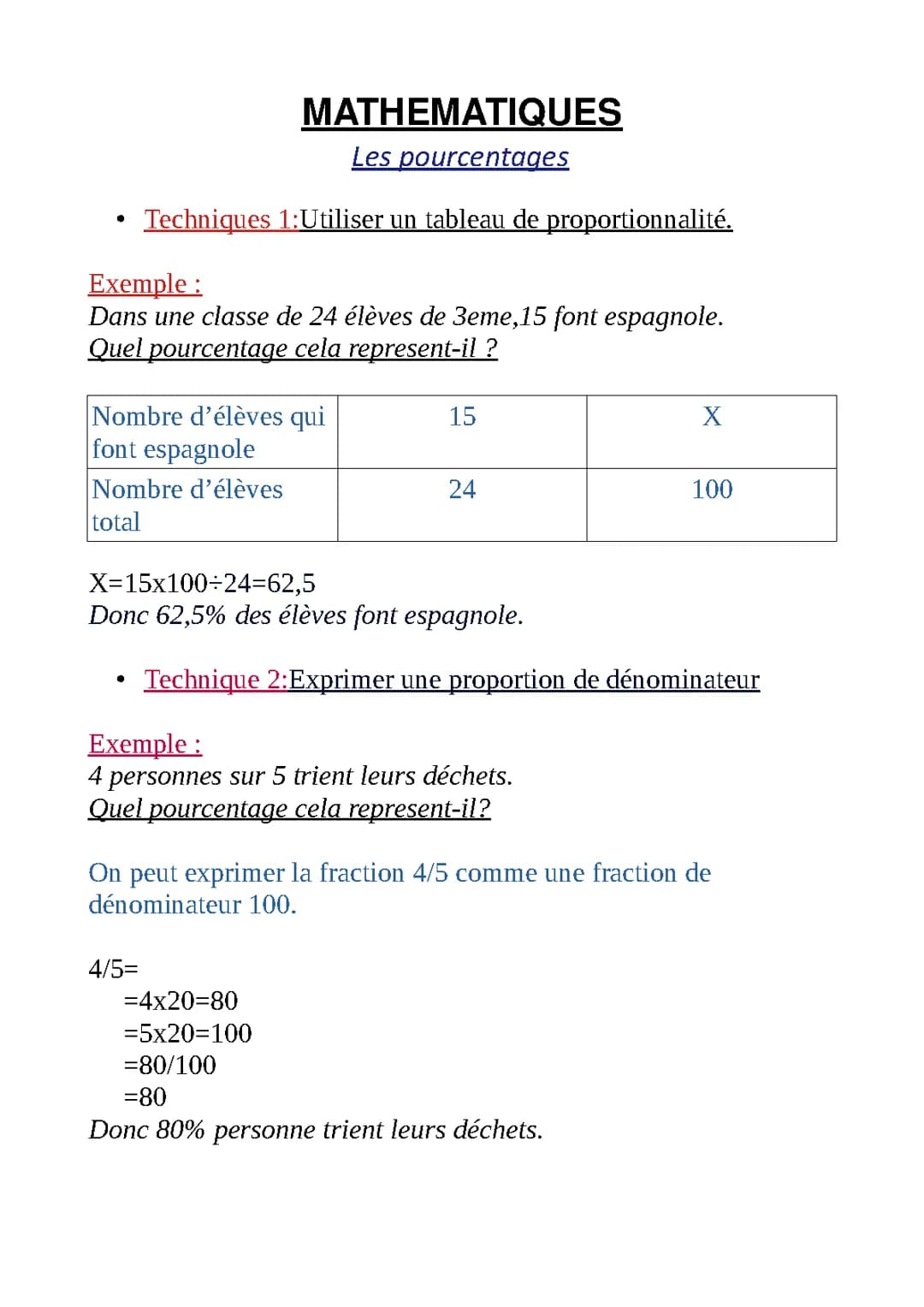 Les pourcentages