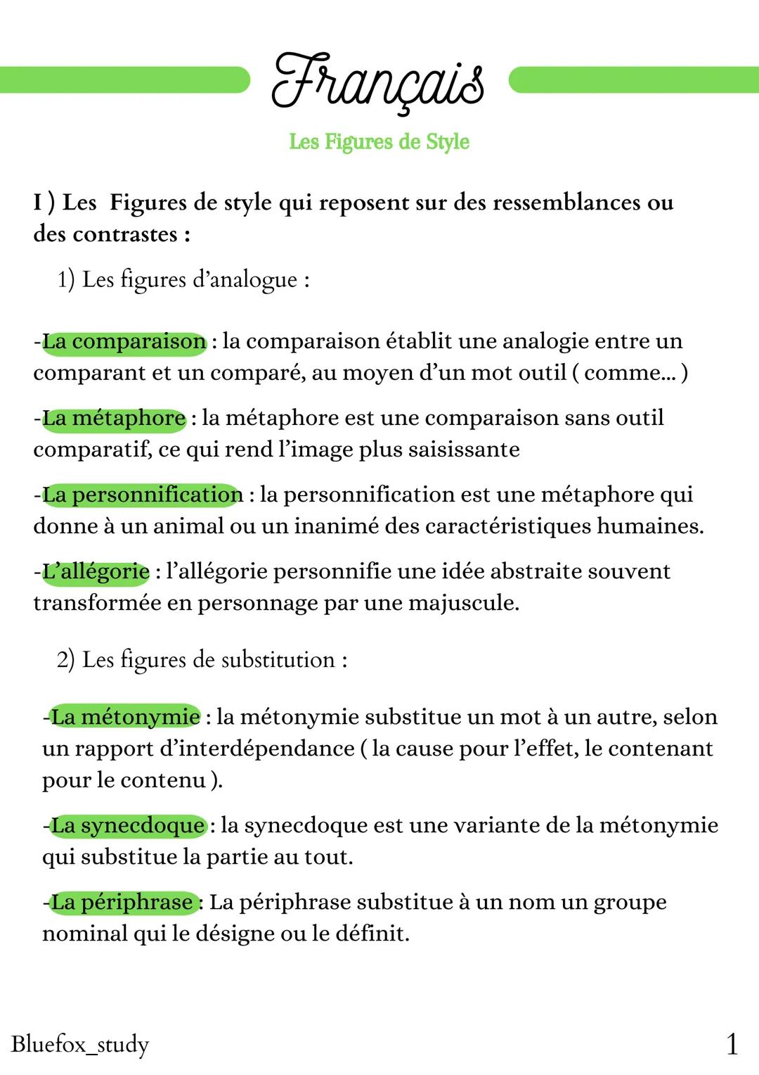 Français
Les Figures de Style
I) Les Figures de style qui reposent sur des ressemblances ou
des contrastes:
1) Les figures d'analogue :
-La 