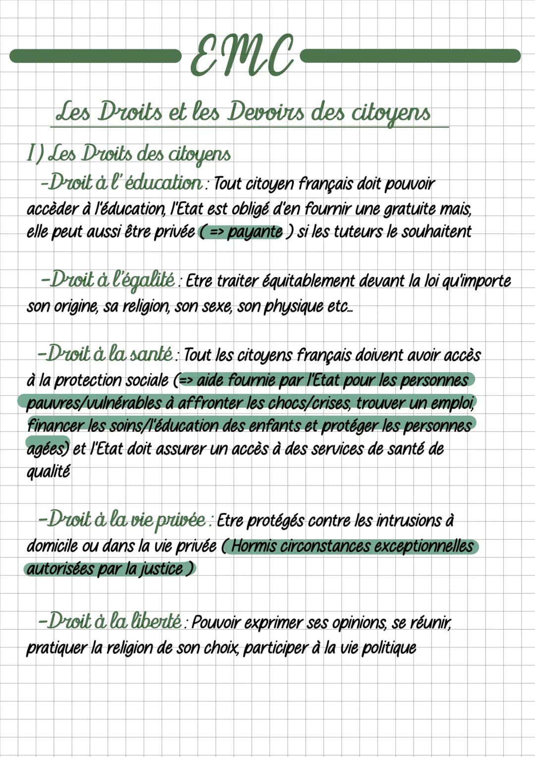 Emc
Les Droits et les Devoirs des citoyens
1) Les Droits des citoyens
-Droit à l'éducation: Tout citoyen français doit pouvoir
accèder à l'é