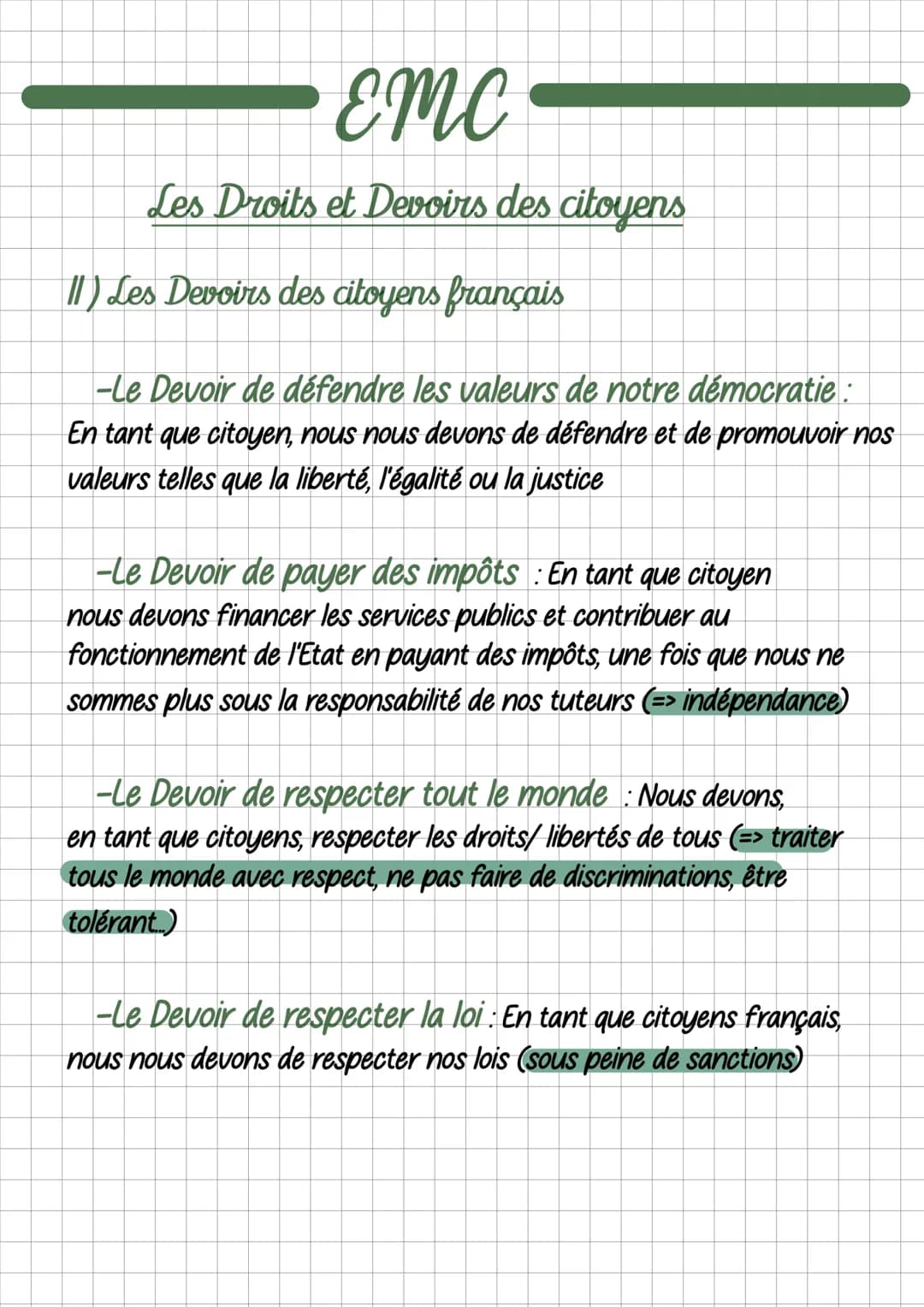 Emc
Les Droits et les Devoirs des citoyens
1) Les Droits des citoyens
-Droit à l'éducation: Tout citoyen français doit pouvoir
accèder à l'é