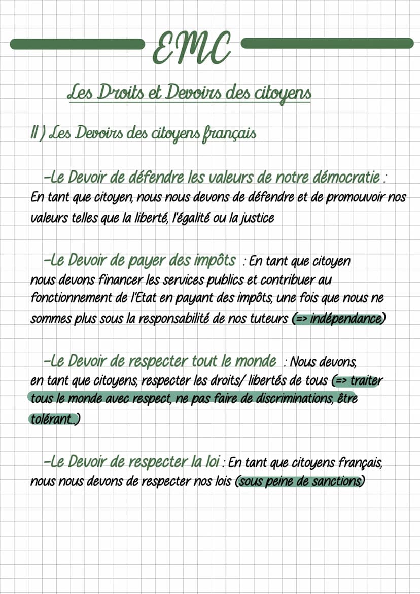 Emc
Les Droits et les Devoirs des citoyens
1) Les Droits des citoyens
-Droit à l'éducation: Tout citoyen français doit pouvoir
accèder à l'é