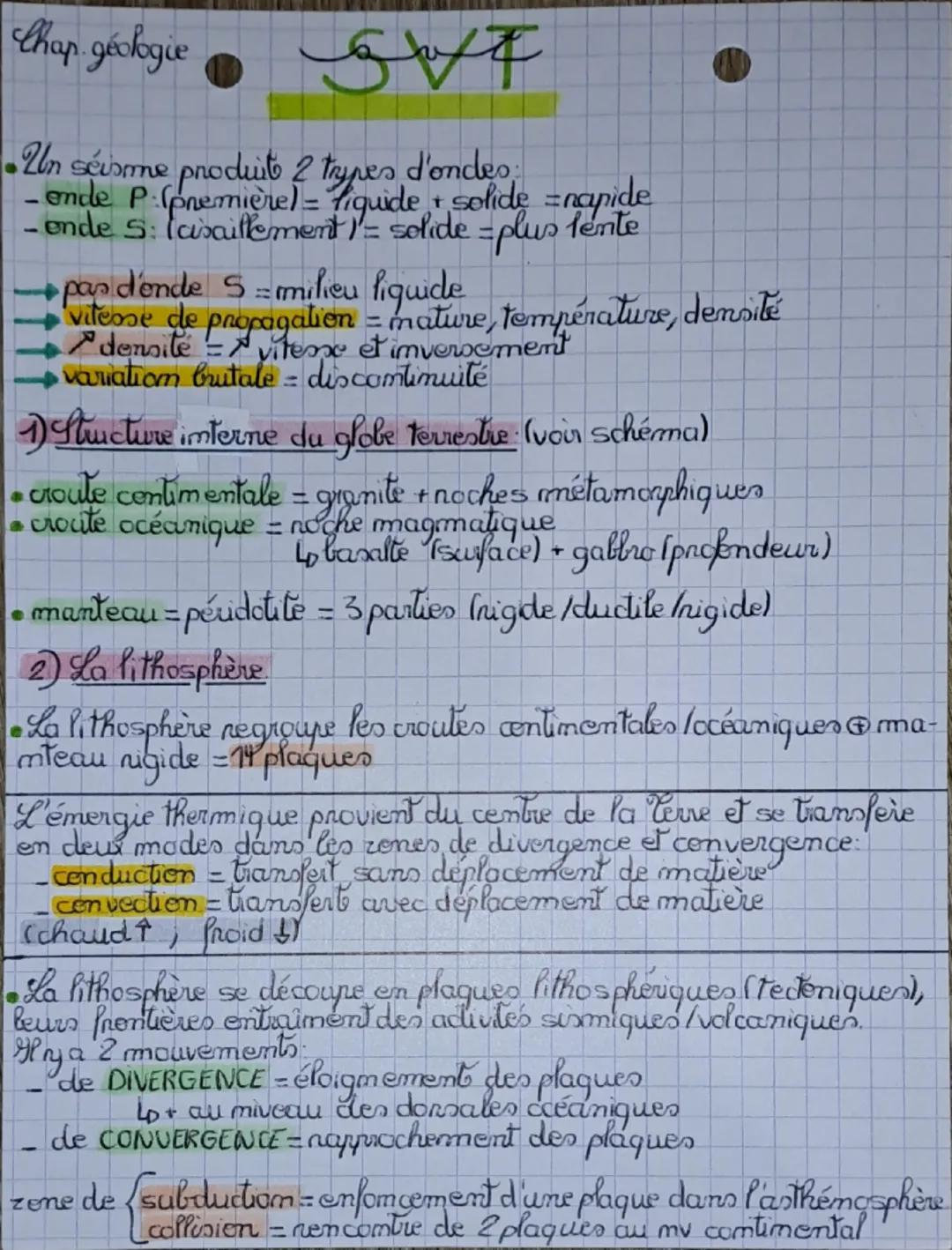 Chap. géologie

54

Un séisme produit 2 trypes d'ondes:
- ende $P$: (première) = figuide + solide = rapide
- ende $S$: (aisaillement) = soli