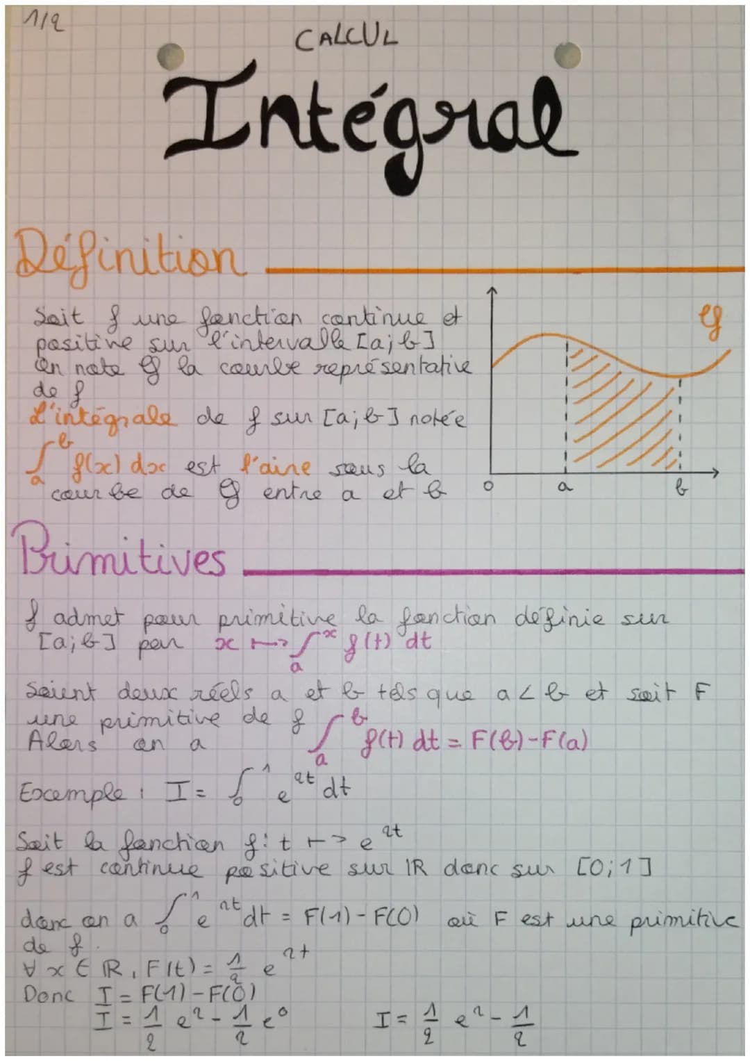 119
CALCUL
Integral
Définition
Seit & une fonction continue et
positive sur l'intervalle [a; b ]
In note of la courbe représentative
de f
L'