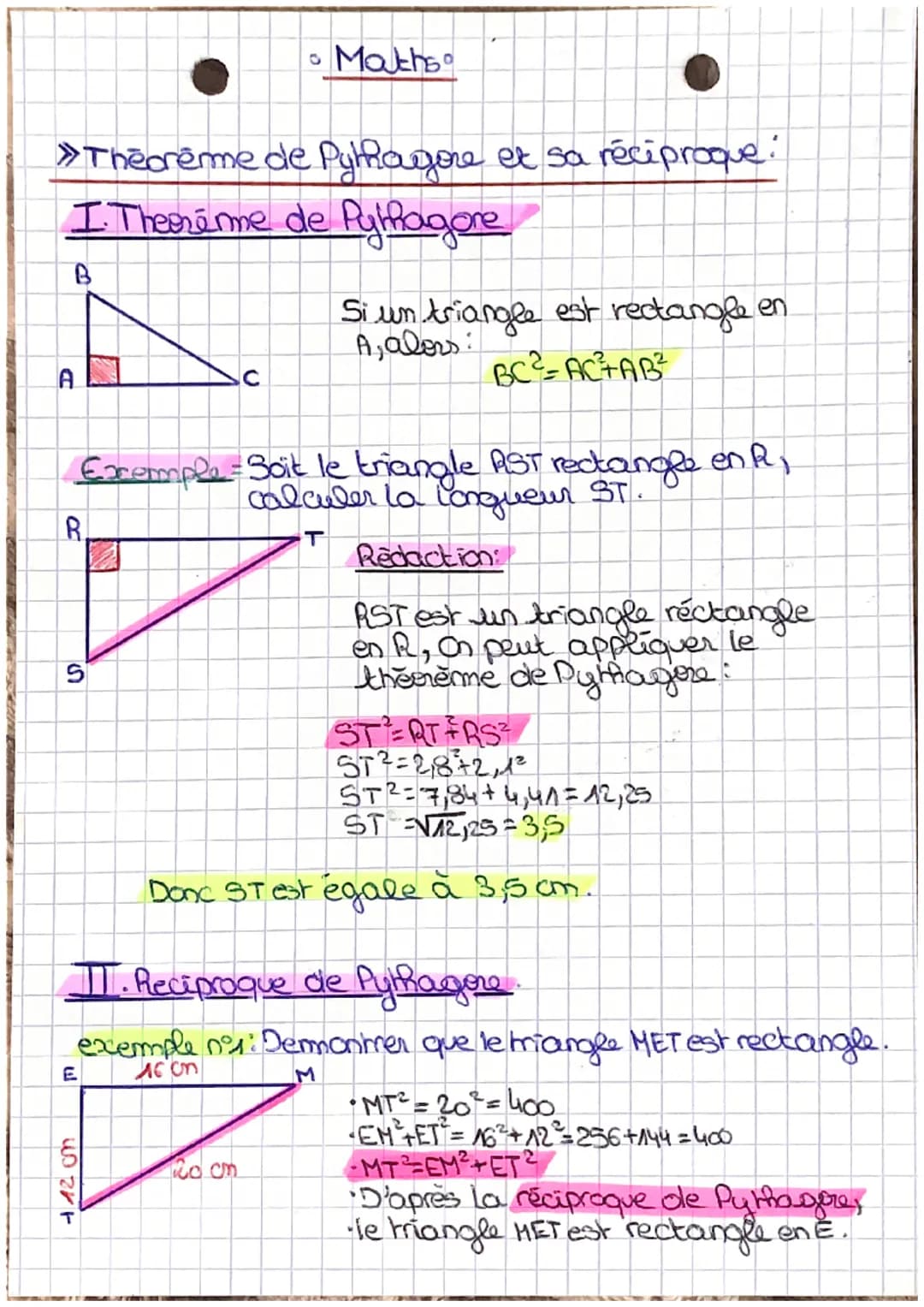 »Theoremme
I Theremme de Pythagore
B
A
R
5
4120m
• Maths
с
Exemple - Soit le triangle RST rectangle en R,
calculer la longueur ST.
T
de Pyth