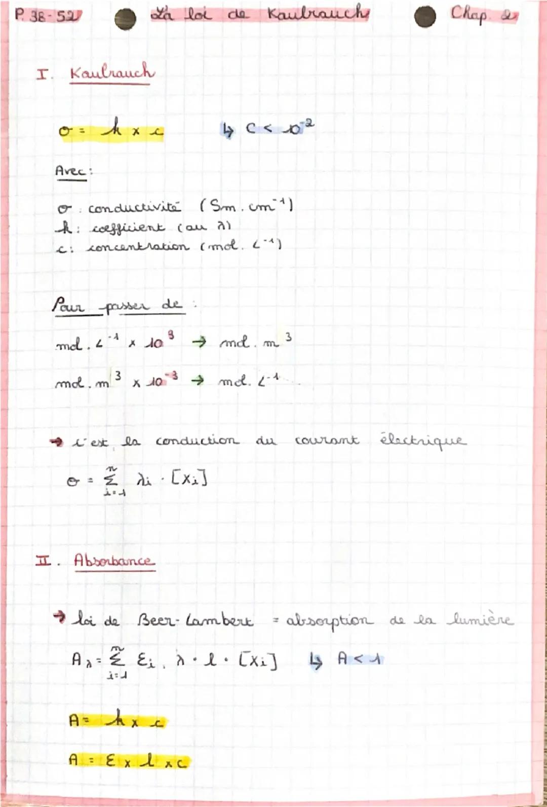P. 38-520 La loi de Kaubrauch Chap 2

I. Kaubrauch

0= kx c ↳ C<02

Avec:

conductivité (Sm.com)
R: coefficient (au 7)
c: concentration (mol