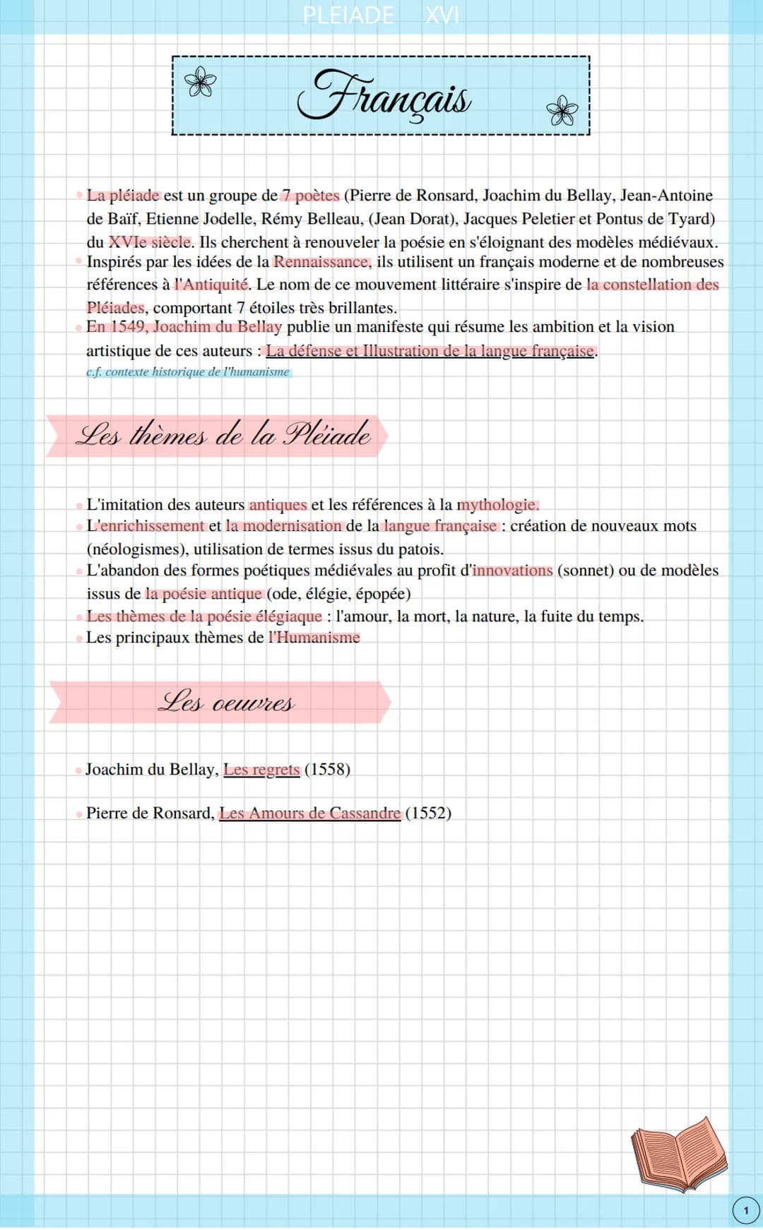 &
PLEIADE XVI
Français
La pléiade est un groupe de 7 poètes (Pierre de Ronsard, Joachim du Bellay, Jean-Antoine
de Baïf, Etienne Jodelle, Ré