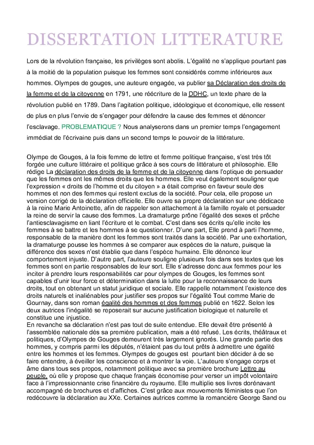 Exemple de Dissertation sur la Révolution française et Olympe de Gouges pour le Bac de Français 1ère PDF