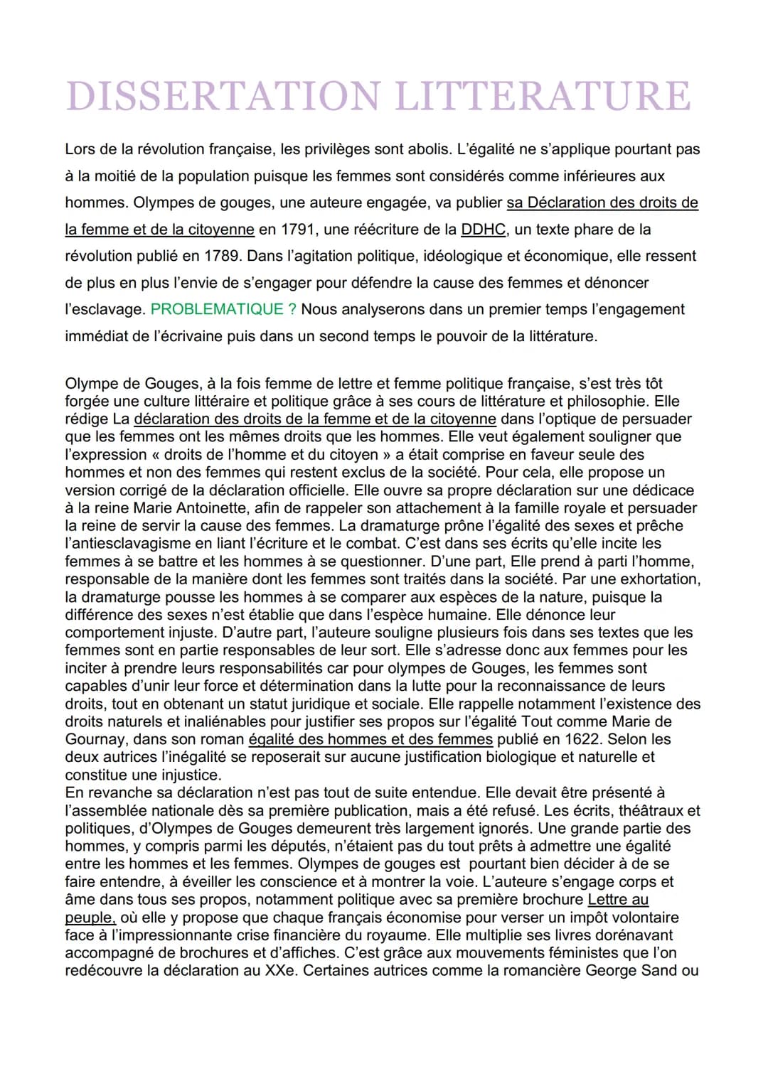DISSERTATION LITTERATURE
Lors de la révolution française, les privilèges sont abolis. L'égalité ne s'applique pourtant pas
à la moitié de la