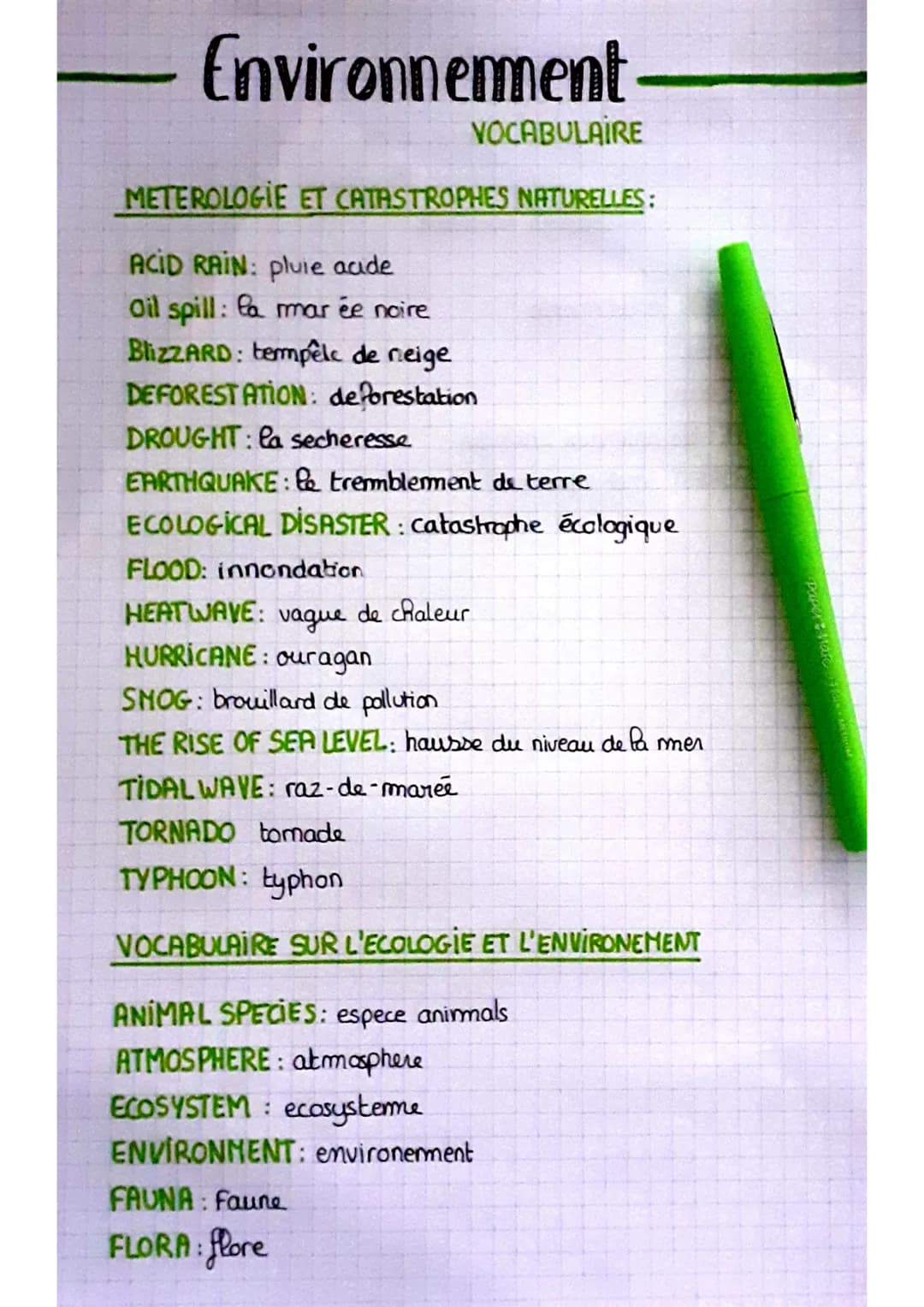 Environnement
VOCABULAIRE
METEROLOGIE ET CATASTROPHES NATURELLES:
ACID RAIN: pluie acide
Oil spill: la mar ée noire
BlizzARD: tempêle de nei