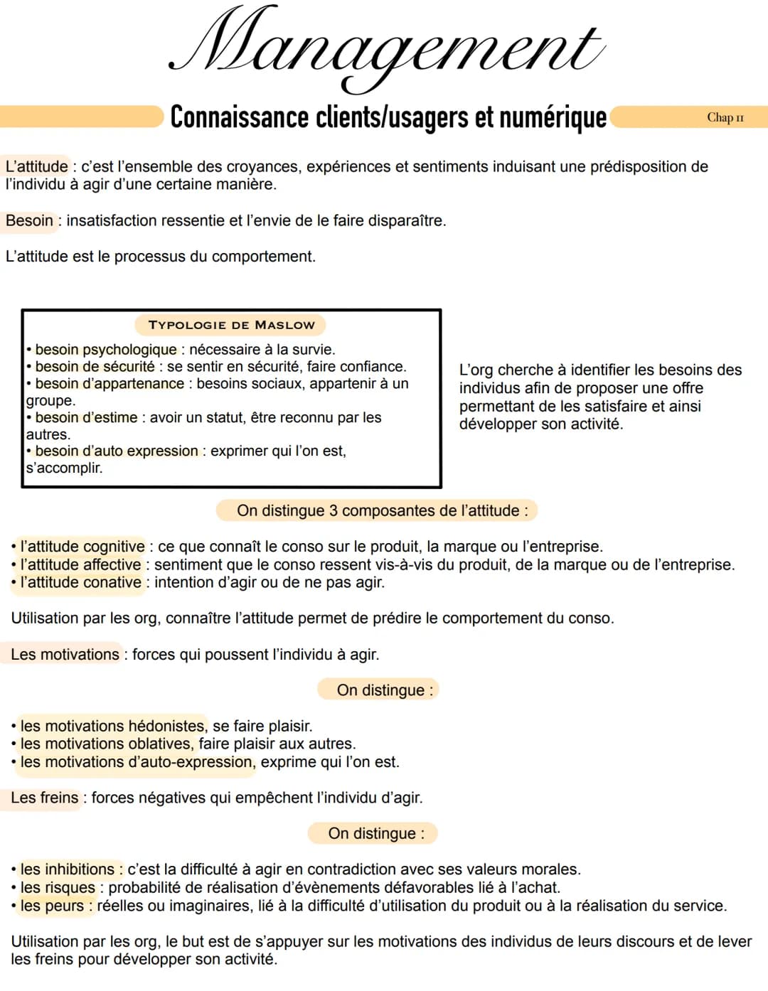 
<p>L'attitude : c'est l'ensemble des croyances, expériences et sentiments induisant une prédisposition de l'individu à agir d'une certaine 