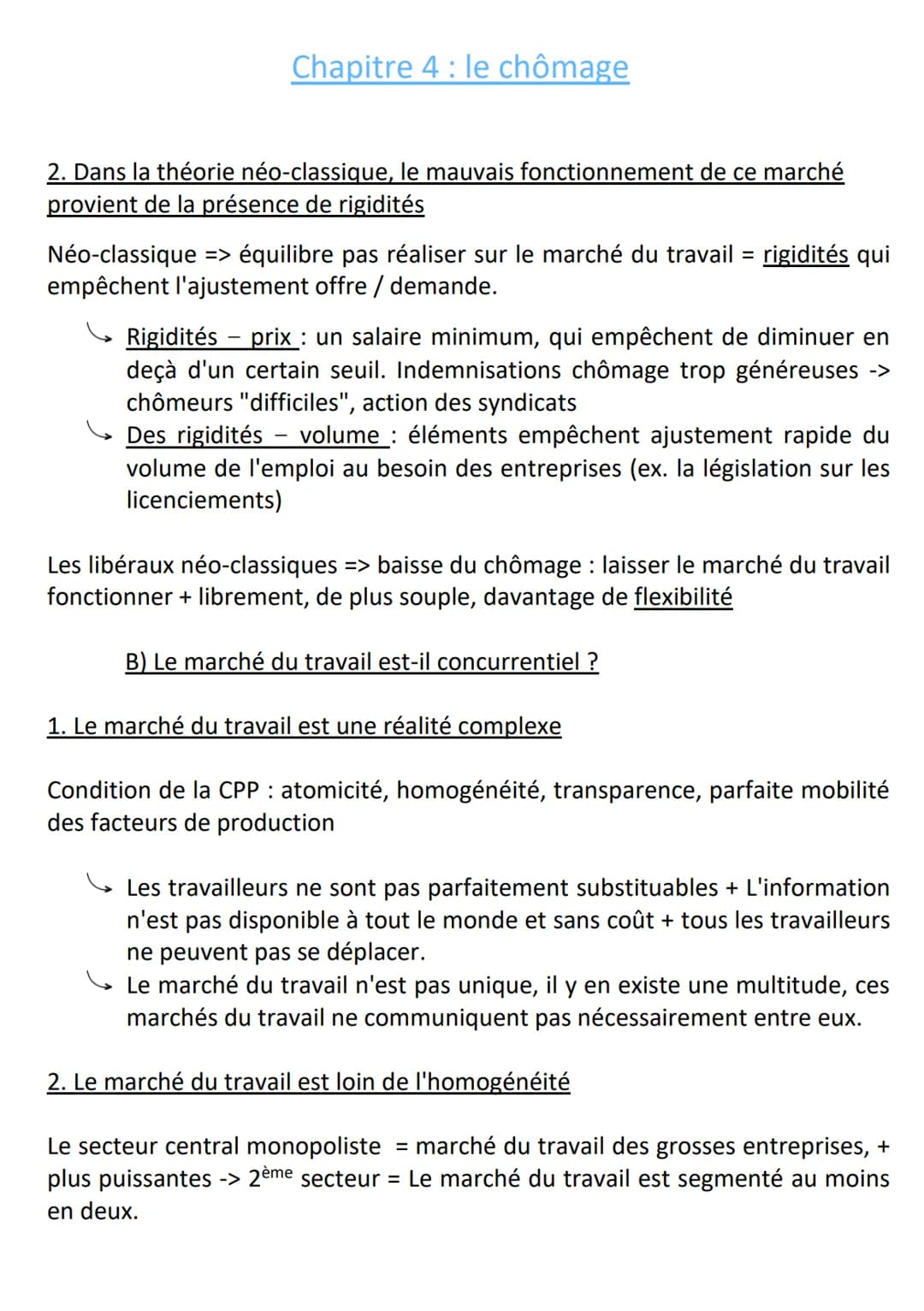 Chapitre 4 : le chômage
2. Dans la théorie néo-classique, le mauvais fonctionnement de ce marché
provient de la présence de rigidités
Néo-cl