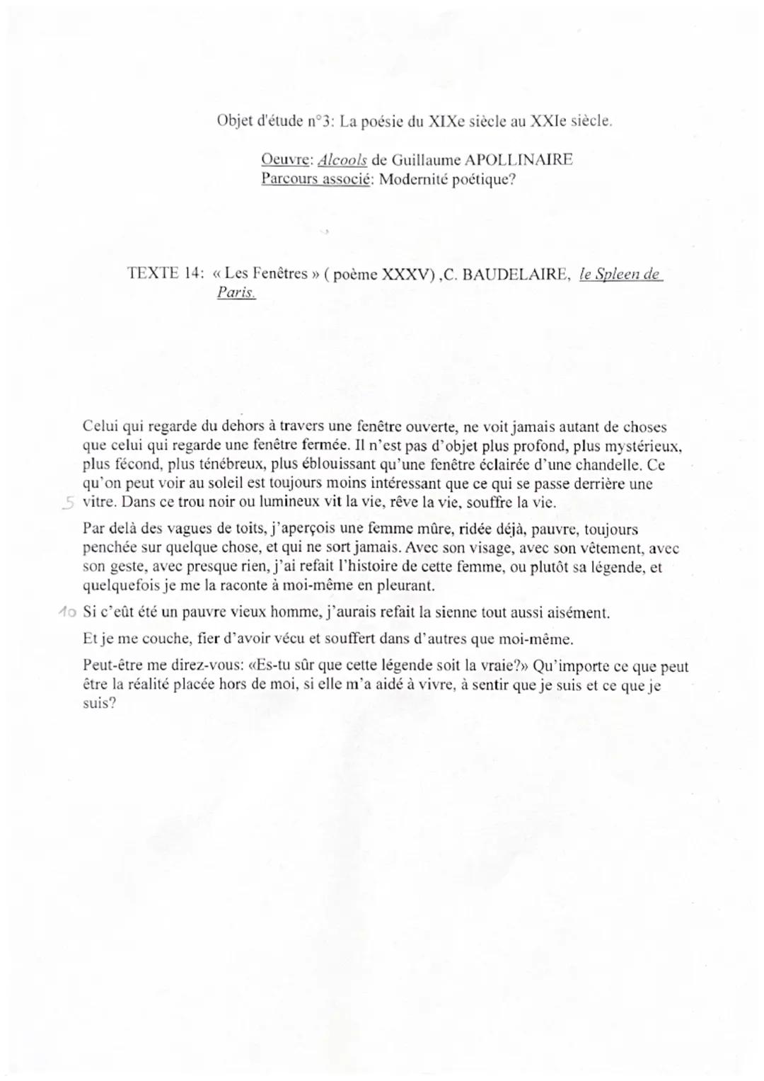Objet d'étude n°3: La poésie du XIXe siècle au XXIe siècle.
Oeuvre: Alcools de Guillaume APOLLINAIRE
Parcours associé: Modernité poétique?
T