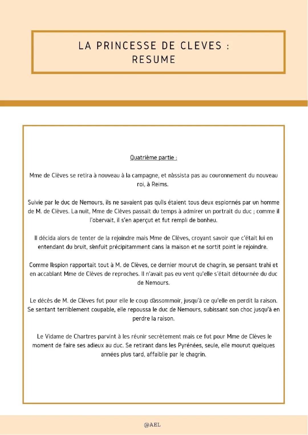Fiche de lecture de La Princesse de Clèves - Partie 4 : Résumé et analyse