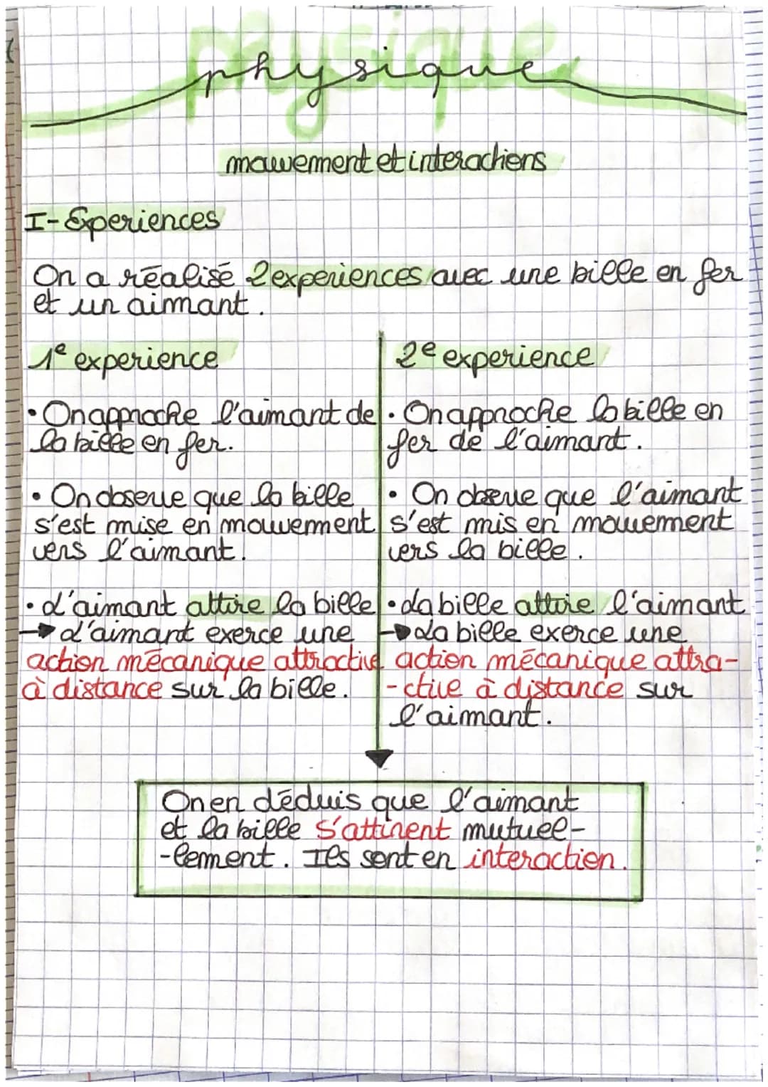 physique
movement et interactions
I-Experiences
On a realise 2experiences avec une bille en fer
et un aimant.
1° experience
2e experience
•O