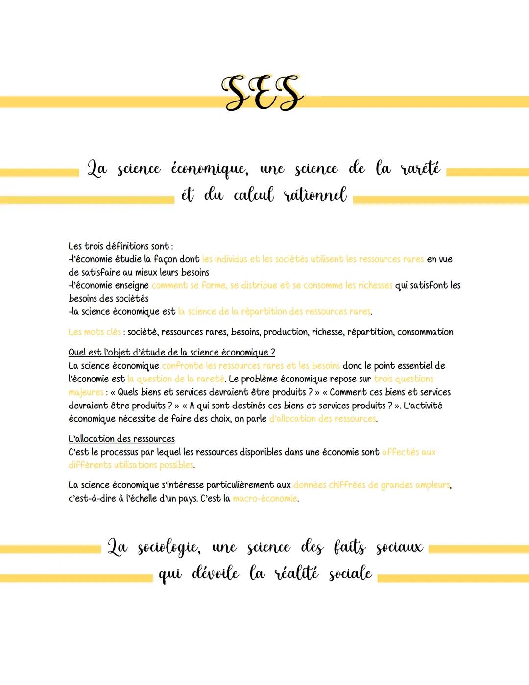 SES
Qa science économique, une science de la rareté
et du calcul rationnel
Les trois définitions sont:
-l'économie étudie la façon dont les 