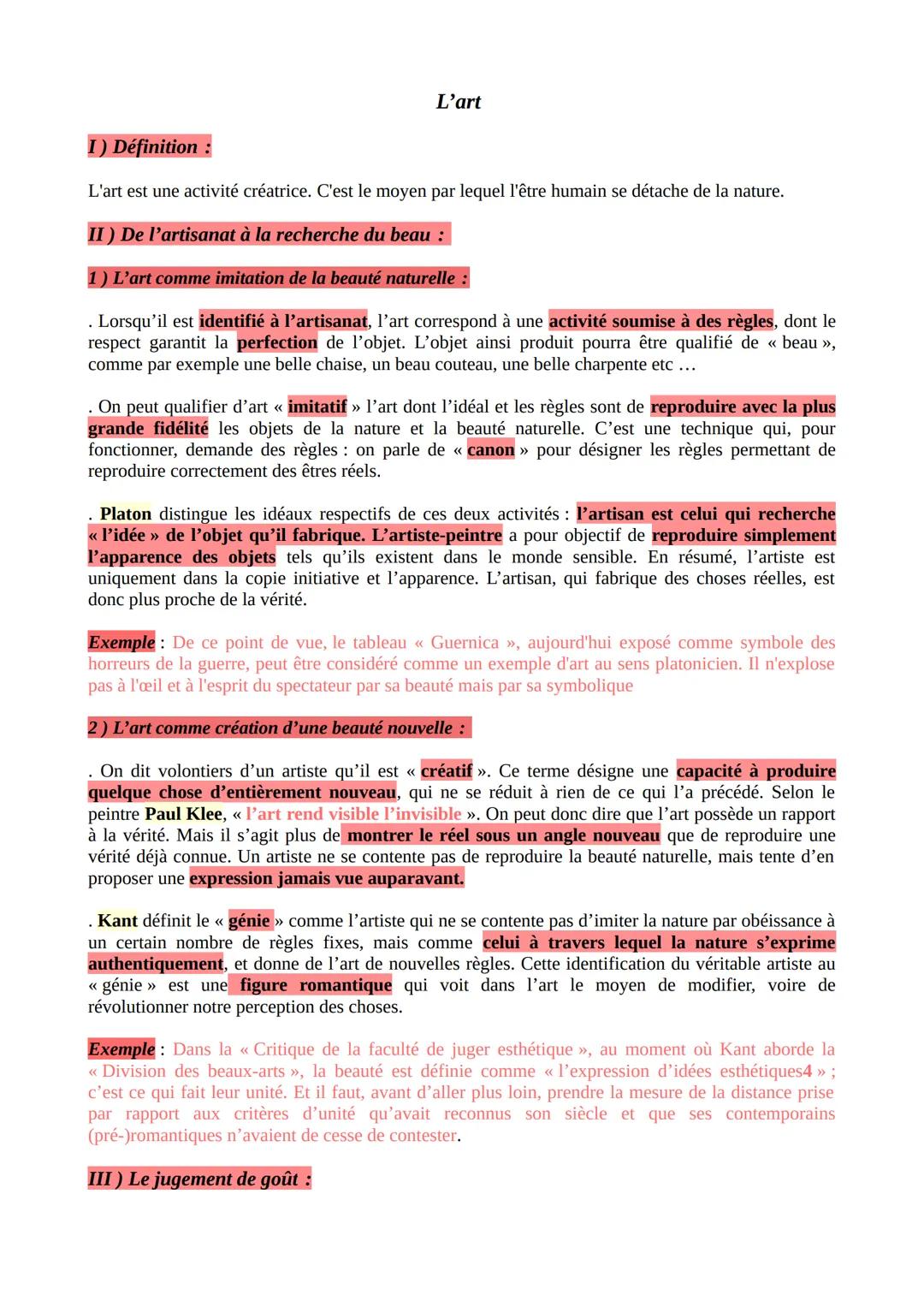 # L'art

I) Définition:

L'art est une activité créatrice. C'est le moyen par lequel l'être humain se détache de la nature.

II) De l'artisa