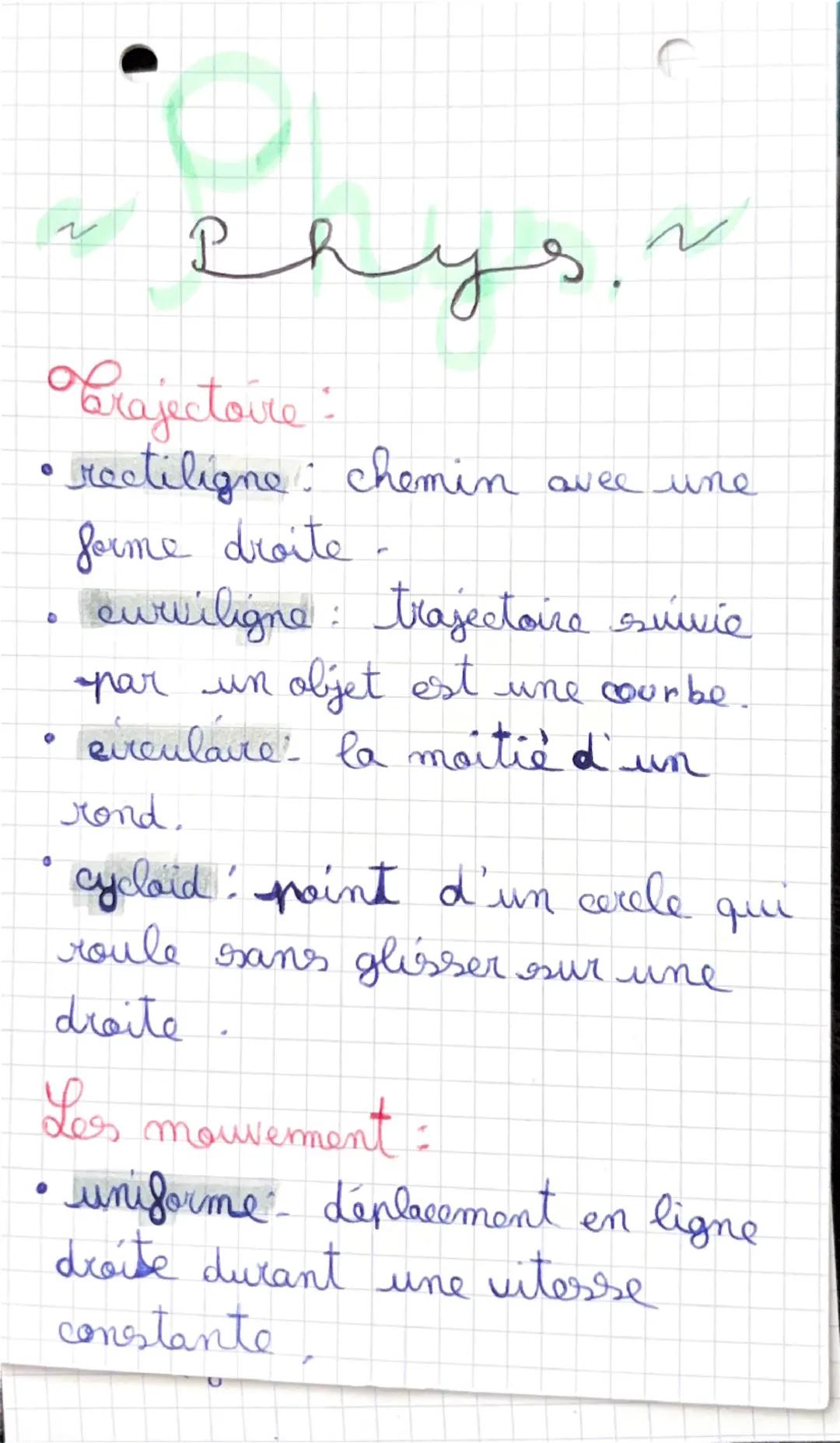 Fiches de révisons en physique-chimie - niveau 4e : mouvement
