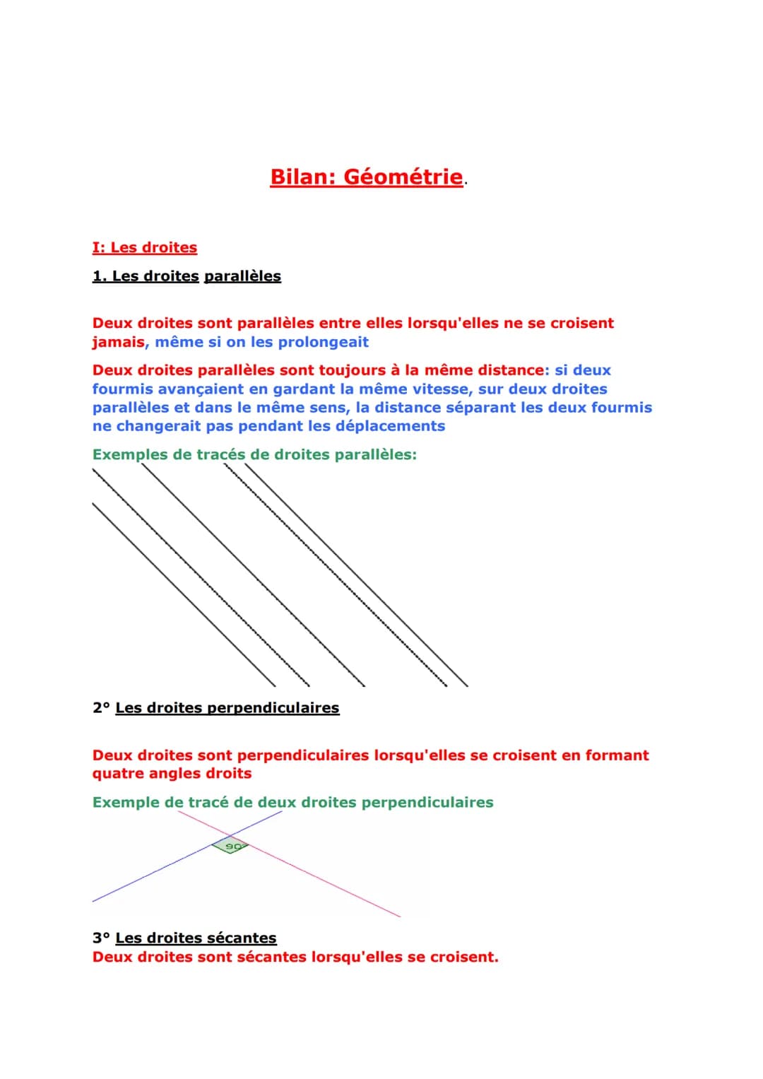 Bilan: Géométrie.
I: Les droites
1. Les droites parallèles
Deux droites sont parallèles entre elles lorsqu'elles ne se croisent
jamais, même