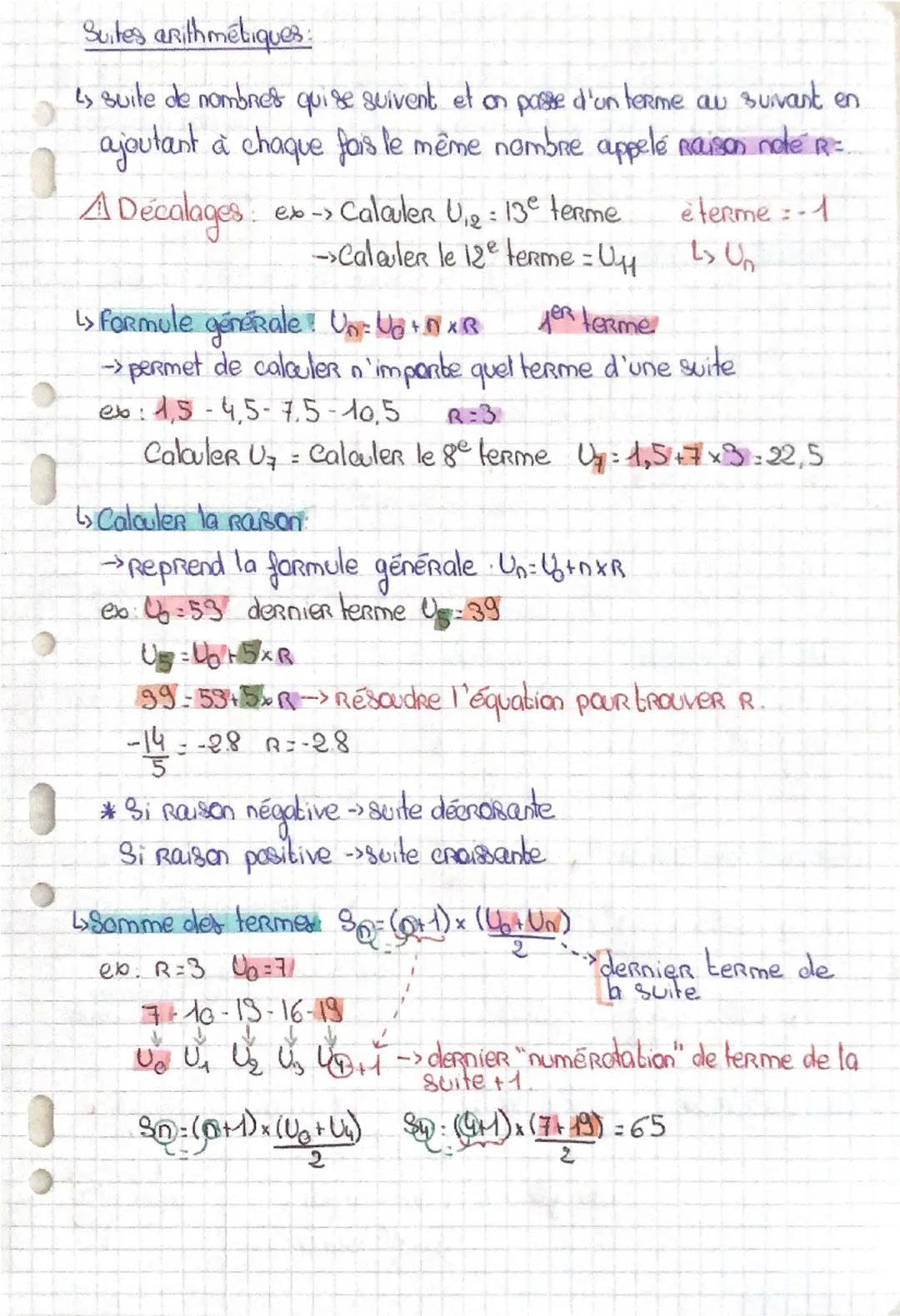 Suites arithmétiques:
is suite de nombres quise suivent et on passe d'un terme au suivant en
ajoutant à chaque fois le même nombre appelé ma
