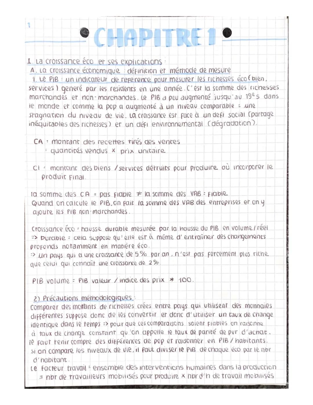 CHAPITRE 1
I. La croissance éco et ses explications:
A. La croissance économique définition et méthode de mesure
1. Le PiB un indicateur de 