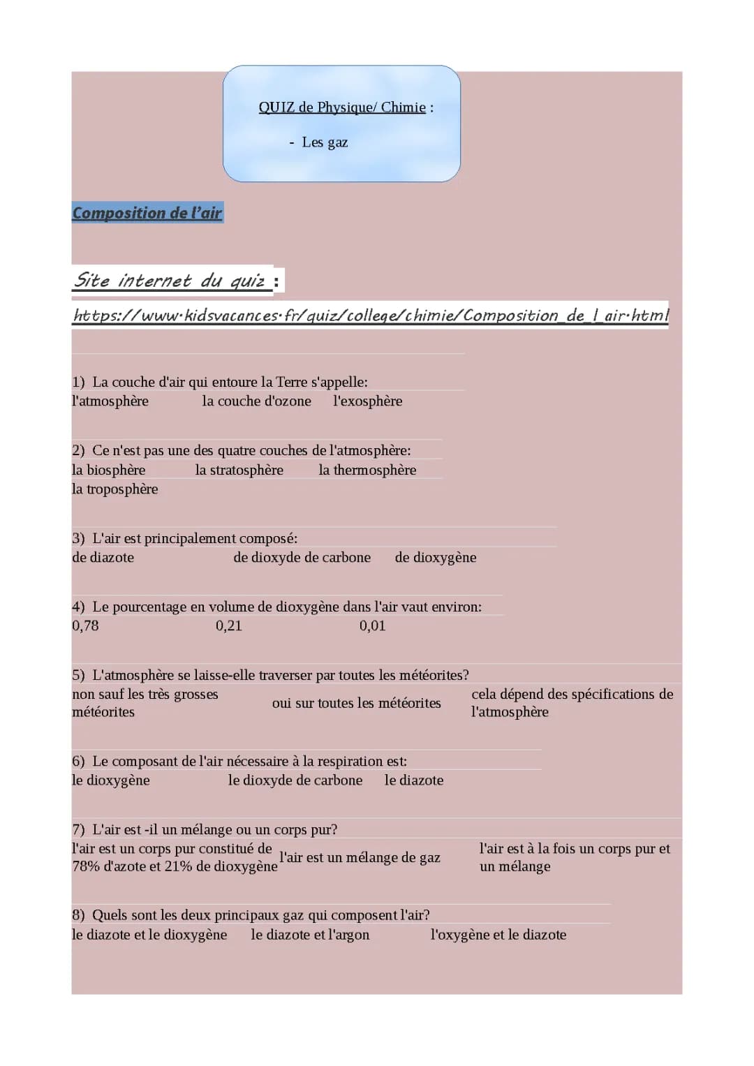Physique-chimie : quiz, les gaz/ composition de l'air