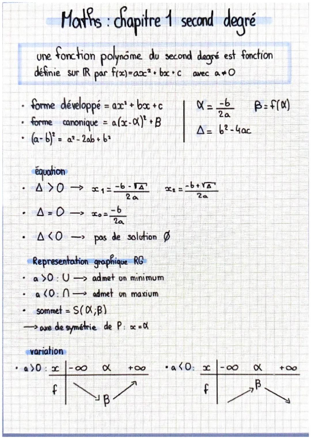 .
·
.
.
Maths: chapitre 1 second degré
une fonction polynome du second degré est fonction
définie sur IR
par f(x)=x² + bx+c
avec a O
forme d