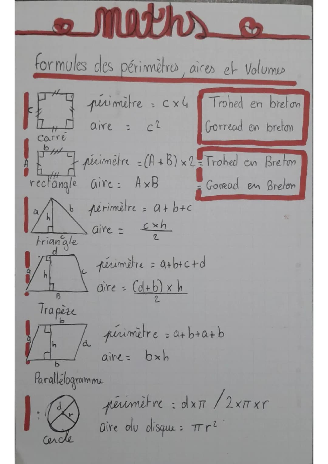 Formule périmètre aire et volume (breton et français)