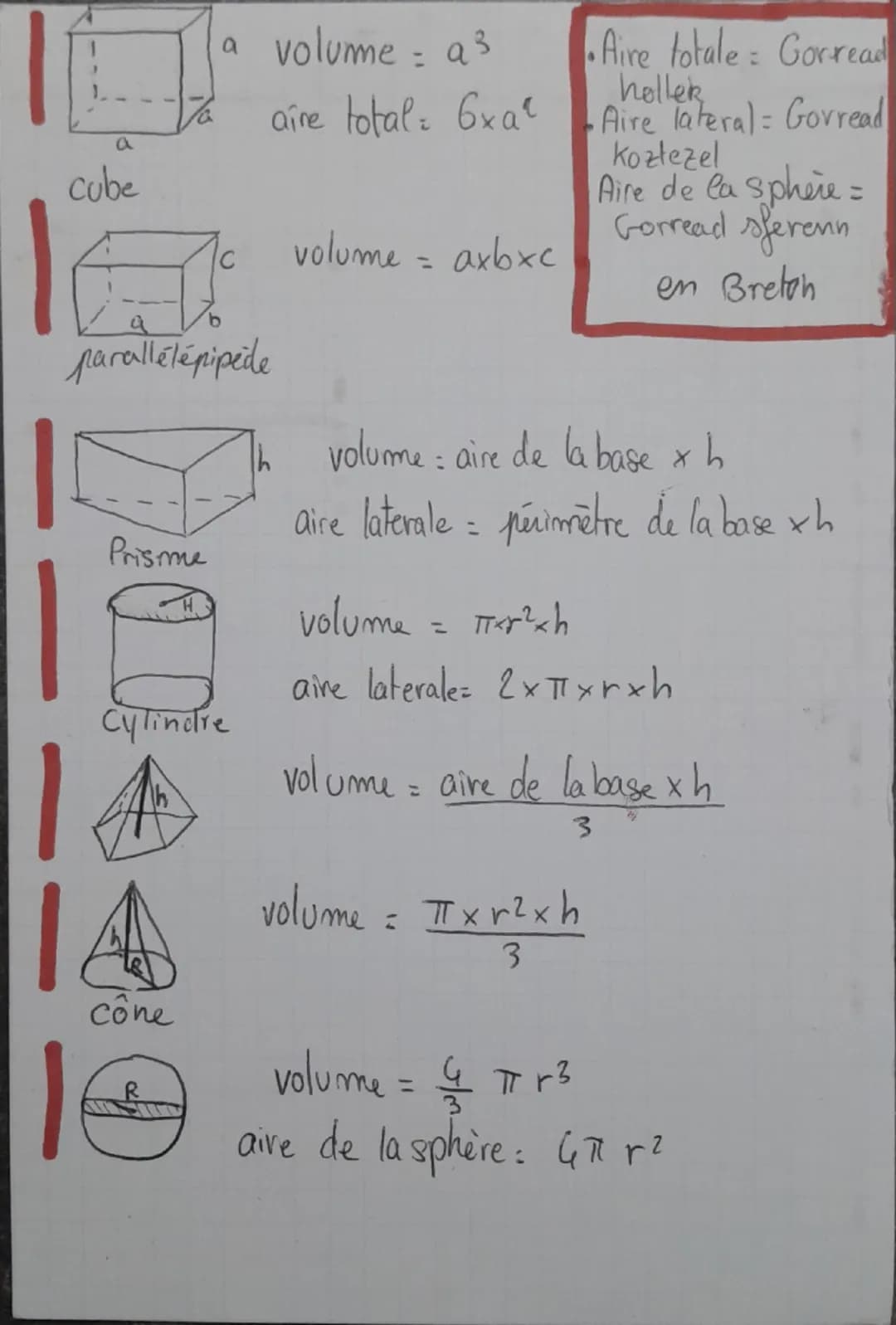 maths
formules des périmètres, aires et Volumes
périmètre = cx4
Trohed en breton
aire
=
c2
Gorread en breton
Carré
Specimètre = (A+B) x 2-Tr