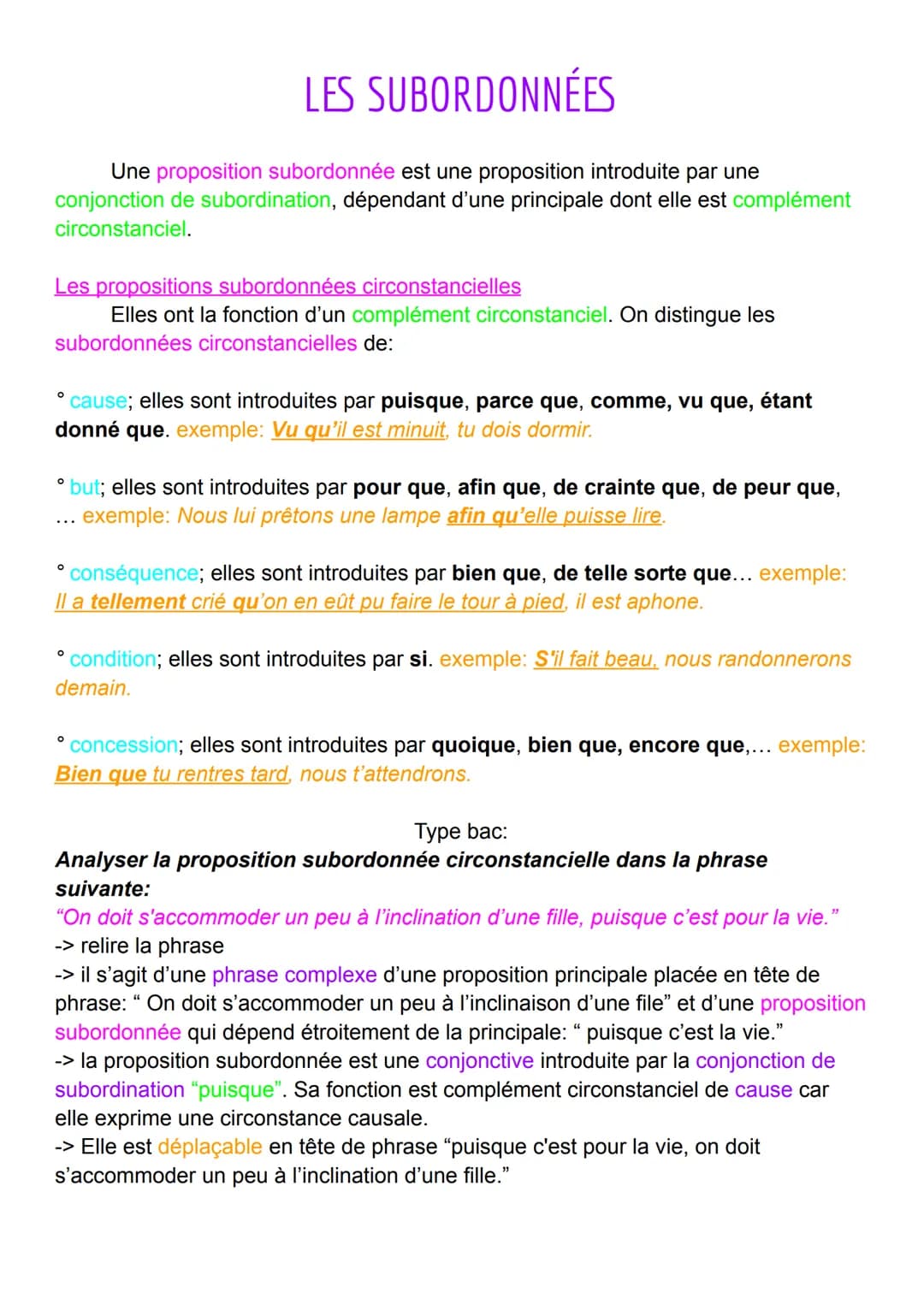 LES SUBORDONNÉES
Une proposition subordonnée est une proposition introduite par une
conjonction de subordination, dépendant d'une principale
