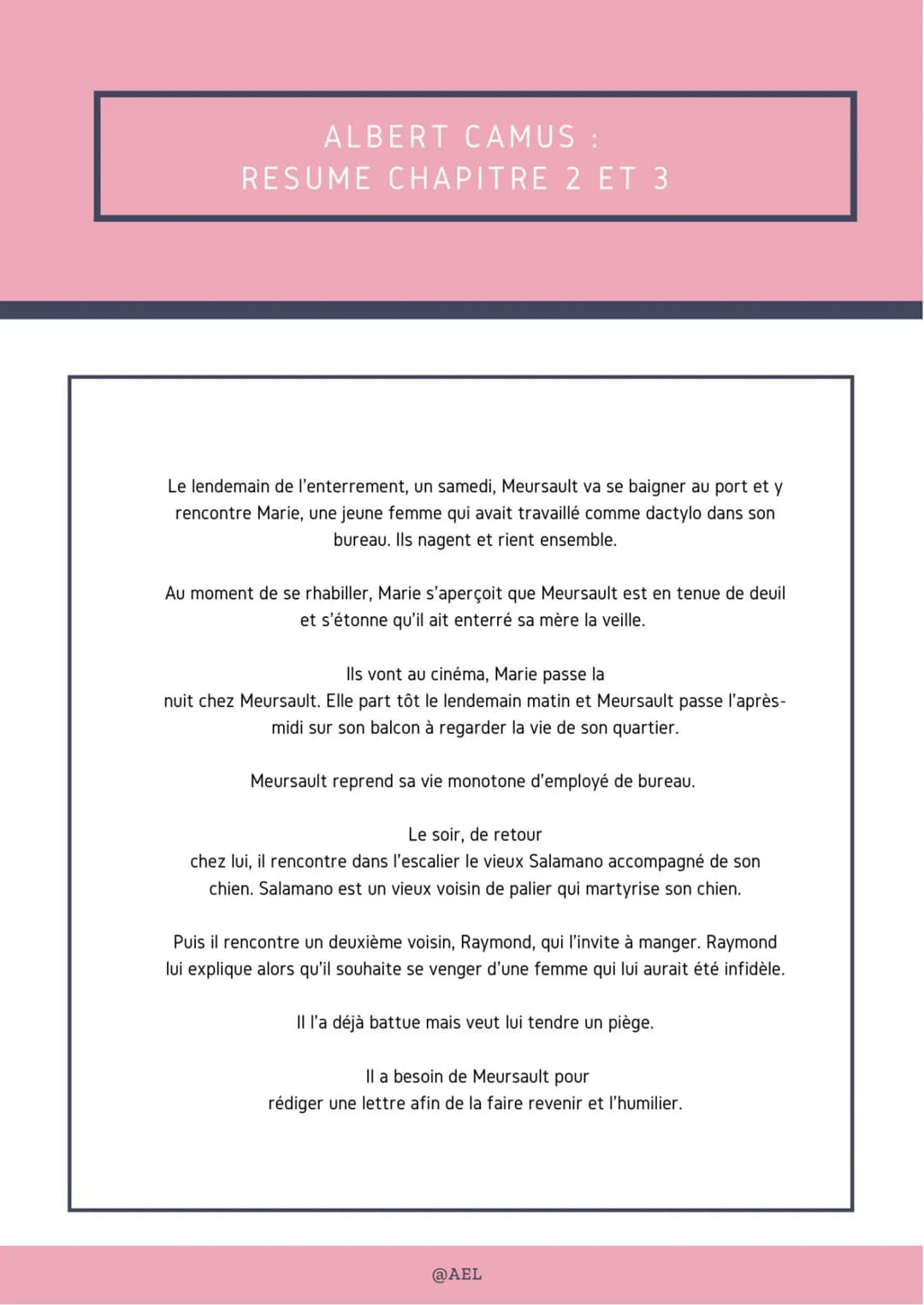 ALBERT CAMUS :
RESUME CHAPITRE 2 ET 3
Le lendemain de l'enterrement, un samedi, Meursault va se baigner au port et y
rencontre Marie, une je