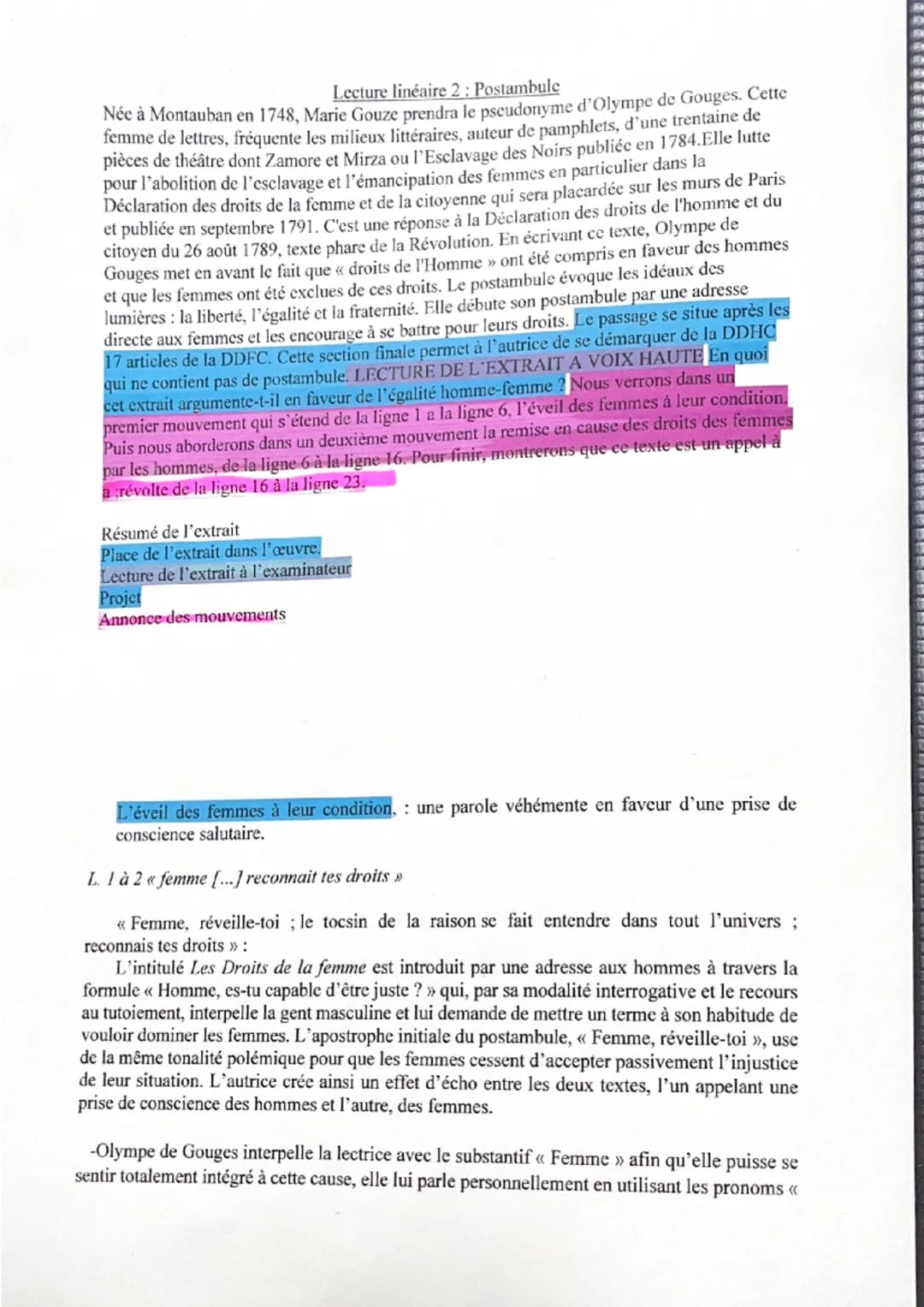 Lecture linéaire 20lympe de Gouges, Déclaration des Droits de la femme et de la
citoyenne, «< Postambule », 1791
EVEIL DES f à leur
conditio