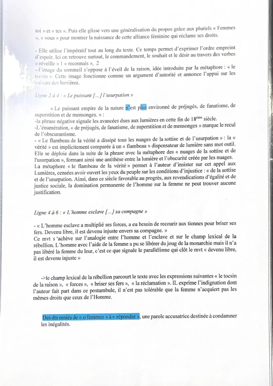 Lecture linéaire 20lympe de Gouges, Déclaration des Droits de la femme et de la
citoyenne, «< Postambule », 1791
EVEIL DES f à leur
conditio