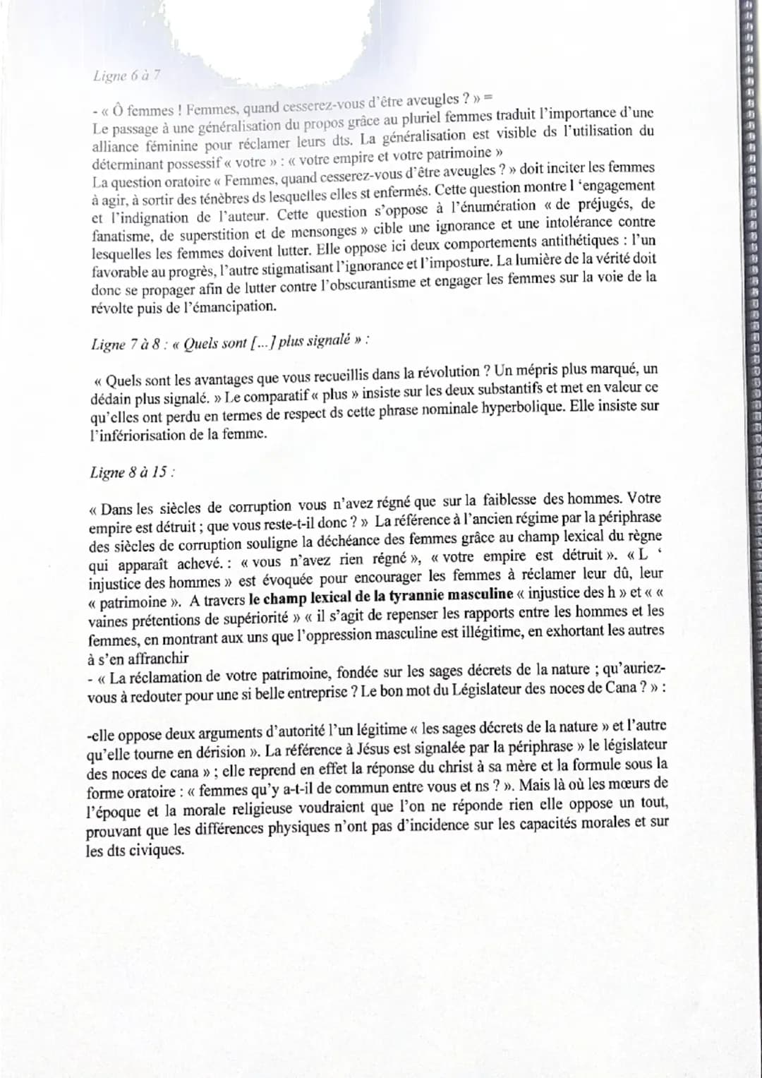 Lecture linéaire 20lympe de Gouges, Déclaration des Droits de la femme et de la
citoyenne, «< Postambule », 1791
EVEIL DES f à leur
conditio