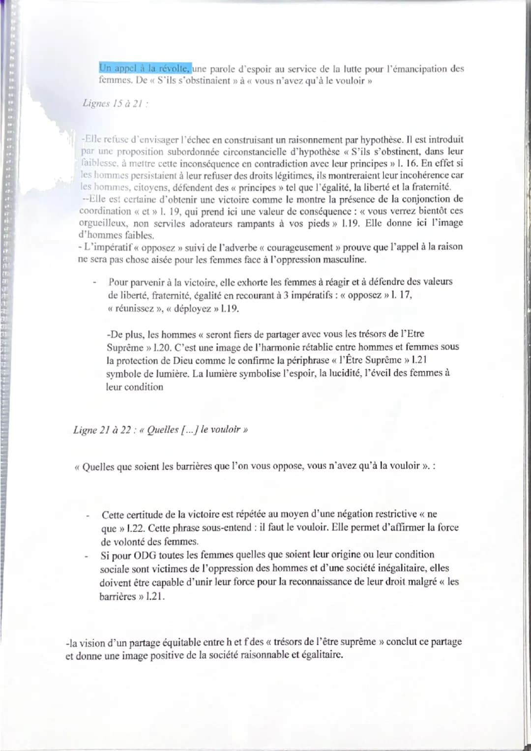 Lecture linéaire 20lympe de Gouges, Déclaration des Droits de la femme et de la
citoyenne, «< Postambule », 1791
EVEIL DES f à leur
conditio