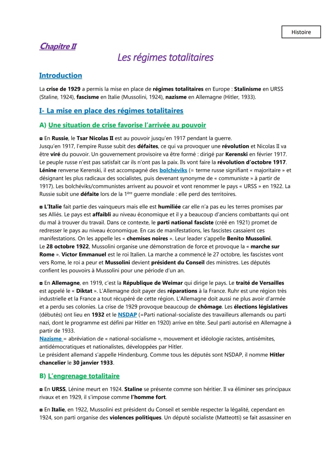 Chapitre II
Les régimes totalitaires
Introduction
La crise de 1929 a permis la mise en place de régimes totalitaires en Europe: Stalinisme e