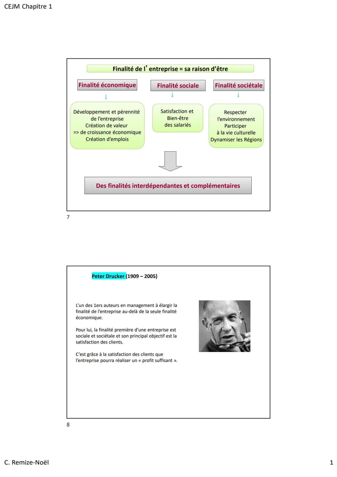 CEJM Chapitre 1
C. Remize-Noël
7
8
Finalité de l'entreprise = sa raison d'être
Finalité économique
Développement et pérennité
de l'entrepris