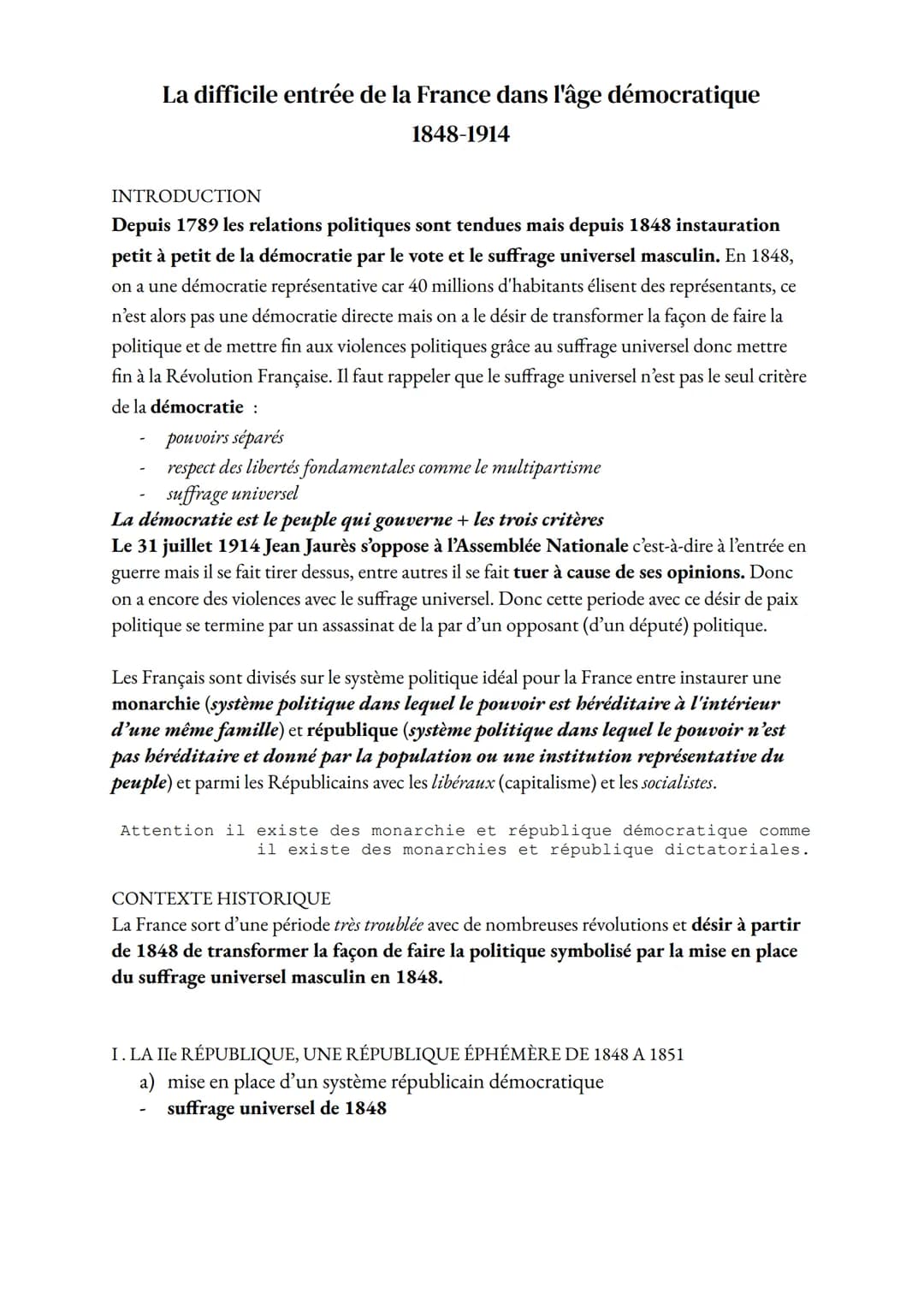 La difficile entrée de la France dans l'âge démocratique
1848-1914
INTRODUCTION
Depuis 1789 les relations politiques sont tendues mais depui