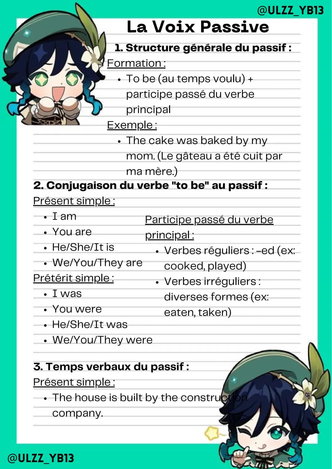 @ULZZ_YB13
La Voix Passive
1. Structure générale du passif :
Formation:
•
To be (au temps voulu) +
participe passé du verbe
principal
Exempl