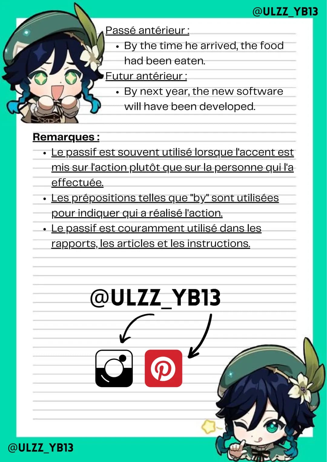 @ULZZ_YB13
La Voix Passive
1. Structure générale du passif :
Formation:
•
To be (au temps voulu) +
participe passé du verbe
principal
Exempl