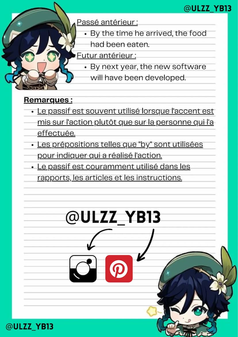 @ULZZ_YB13
La Voix Passive
1. Structure générale du passif :
Formation:
•
To be (au temps voulu) +
participe passé du verbe
principal
Exempl