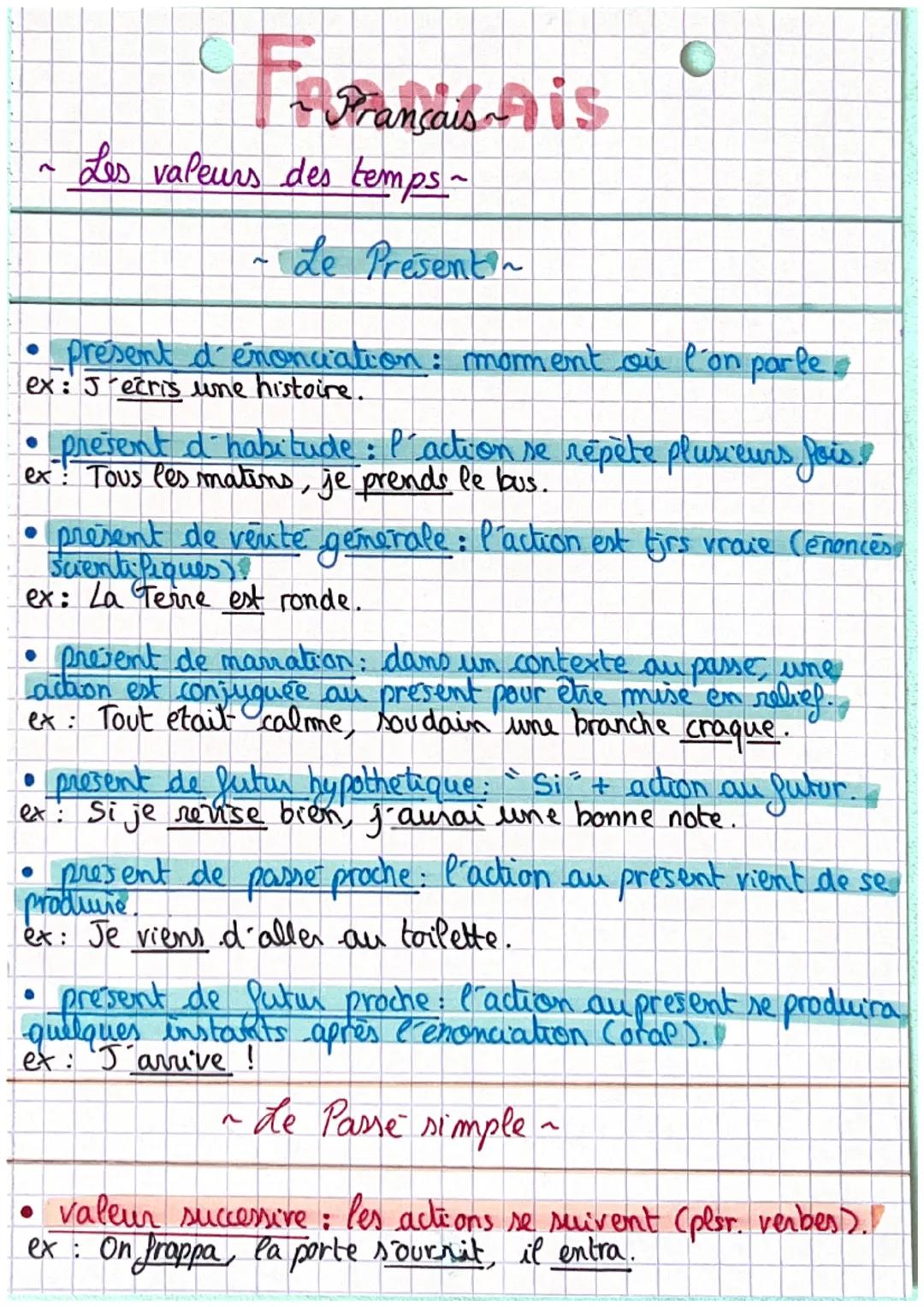 # Français

~ Les valeurs des temps ~

~ Le Present~

*   présent d'énonciation: moment où l'on parle..
ex: J'écris une histoire.
*   presen